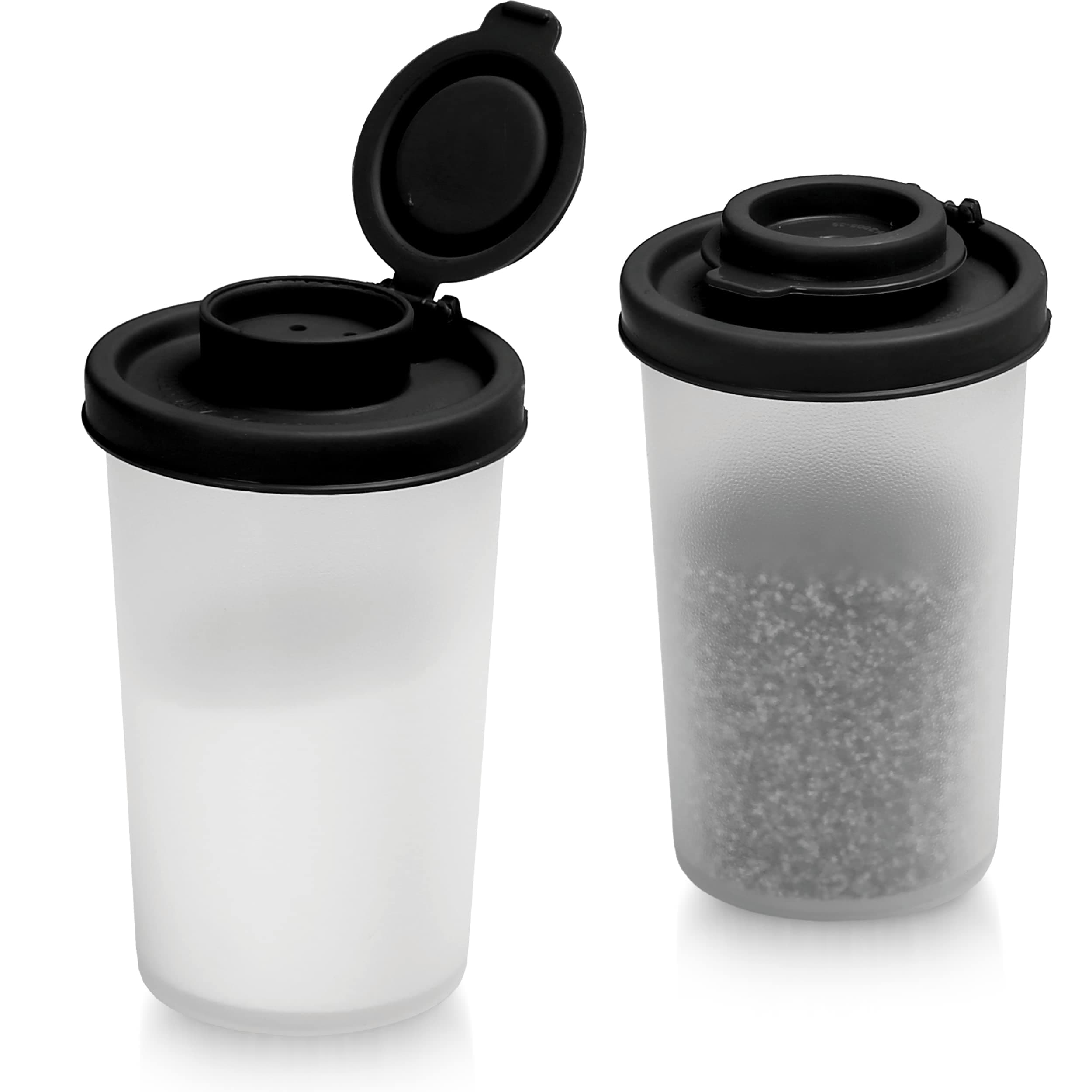 SIGNORAWARE Salt and Pepper Shakers Moisture Proof Set of 2 Large Salt Shaker to go Camping Picnic Outdoors Kitchen Lunch Boxes Travel Spice Set Clear with Black Lids Plastic Airtight Dispenser