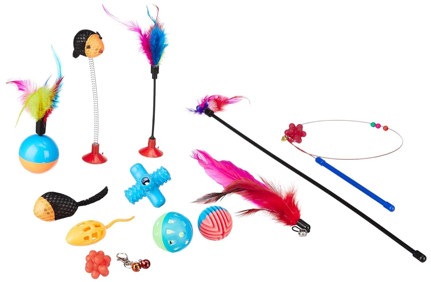 - Amazon Basics Cat Toy Set | 13 Interactive Toys | Spring Mouse | Feather Stick | Fishing Rod | Rattling Bells | Playing Balls | Feather Balls | for Kittens & Cats (Multicolour)