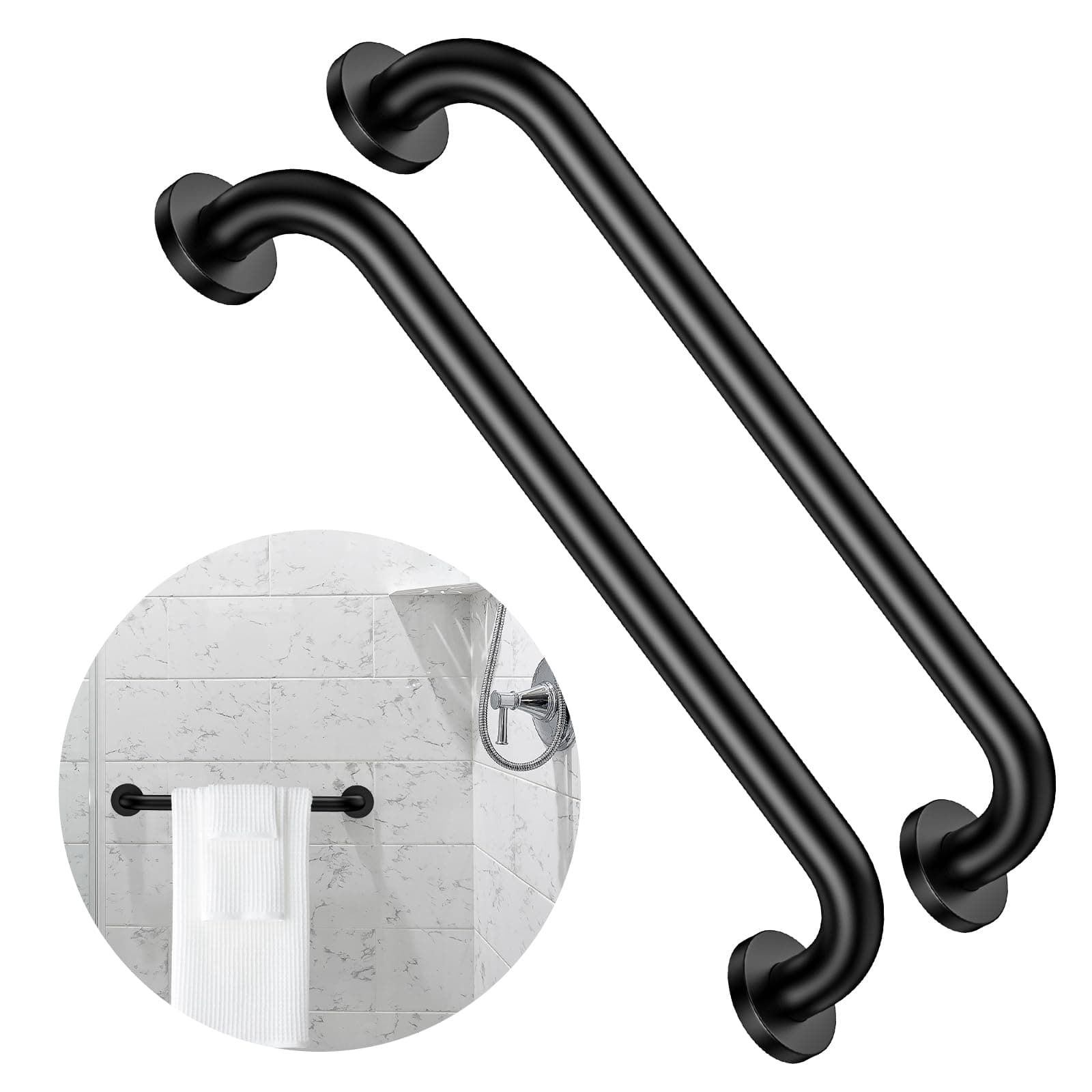 2 Pack 16 Inch Matte Black Shower Grab Bar,ZUEXT Stainless Steel Wall Mount Safety Grab Bar Handle,Bathroom Balance Bar, Safety Hand Rail Support - Handicap, Elderly, Injury, Senior Assist Bath Handle