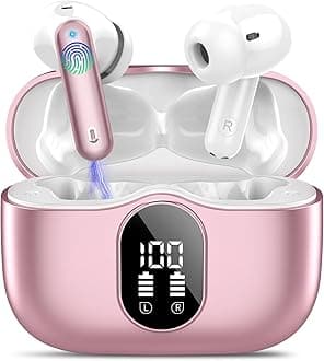 Wireless Earbuds Bluetooth 5.3 Headphones Bass Stereo Ear Buds with Noise Cancelling Mic LED Display in Ear Earphones IP7 Waterproof 36H Playtime for Laptop Pad Phones Sports Workout Pink Gold