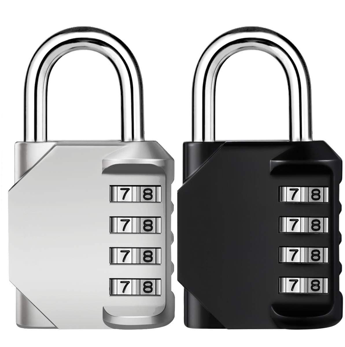 Combination Lock, 4 Digit Combination Padlock, Waterproof Gate Lock, Resettable Combo Lock for Locker, Gym, Cases, Toolbox, School, 2 Pack - Silver & Black