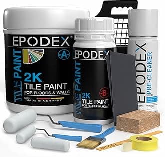 EPODEX 2K Tile Paint for Bathroom, Kitchen & More with Accessories, Abrasion-Resistant, Waterproof, For Floor & Wall Tiles, 1.8kg - 7m² for 2 coats - Light Grey - Pastel