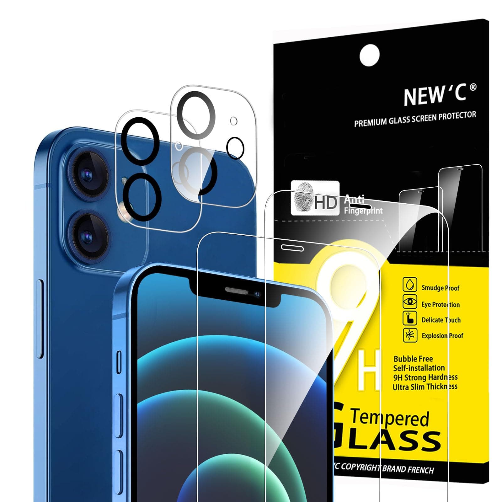 NEW'C 4 Pack, 2 Pack for iPhone 12 Screen Protector (6.1 inch) + 2 Pack Camera Lens Protector, Sensor Protection,Case Friendly Tempered Glass Film