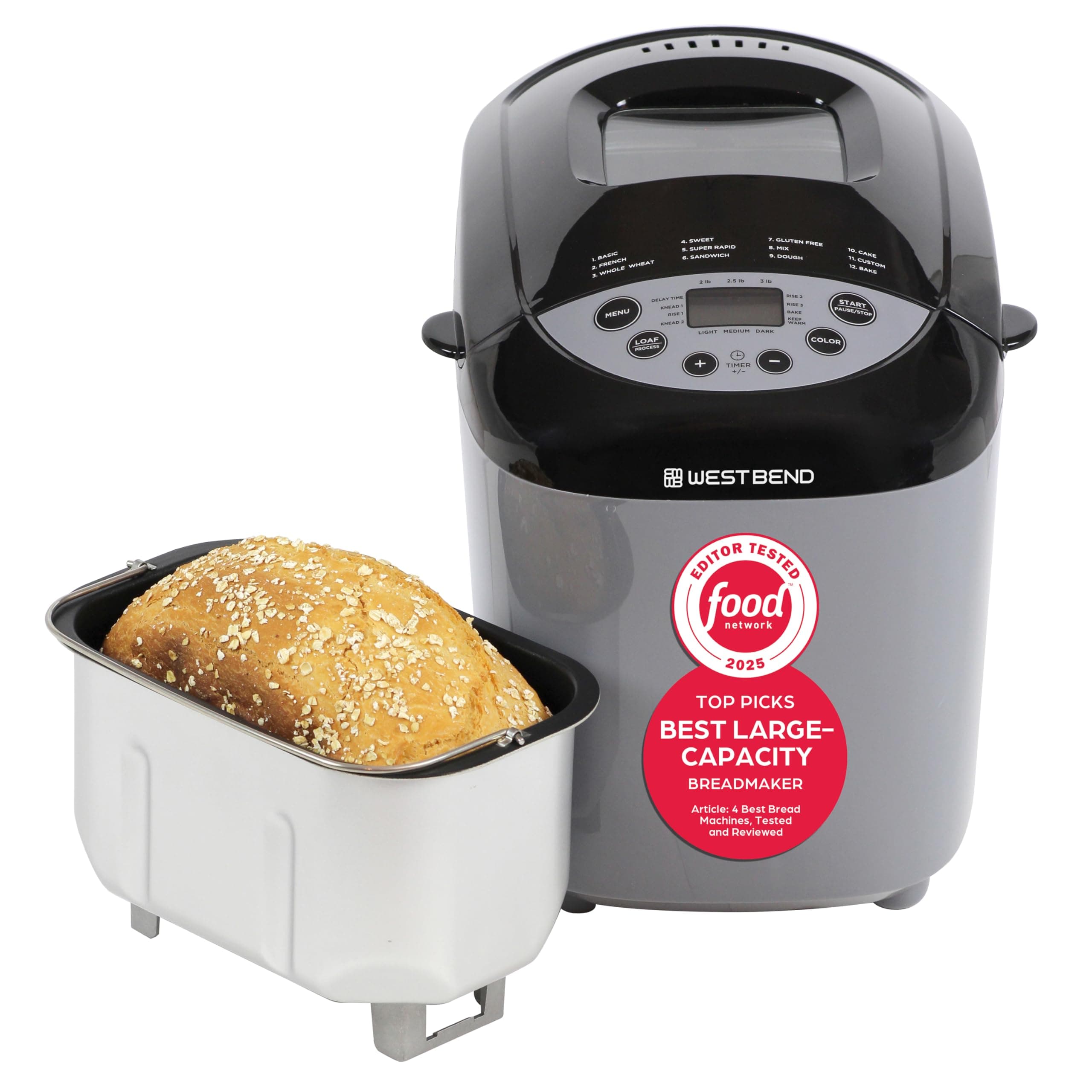 West Bend 47413 Hi-Rise Programmable Bread Maker Machine with Horizontal Dual Blade and 12 Programs, Including Gluten Free Mode, 3 Lb, Gray
