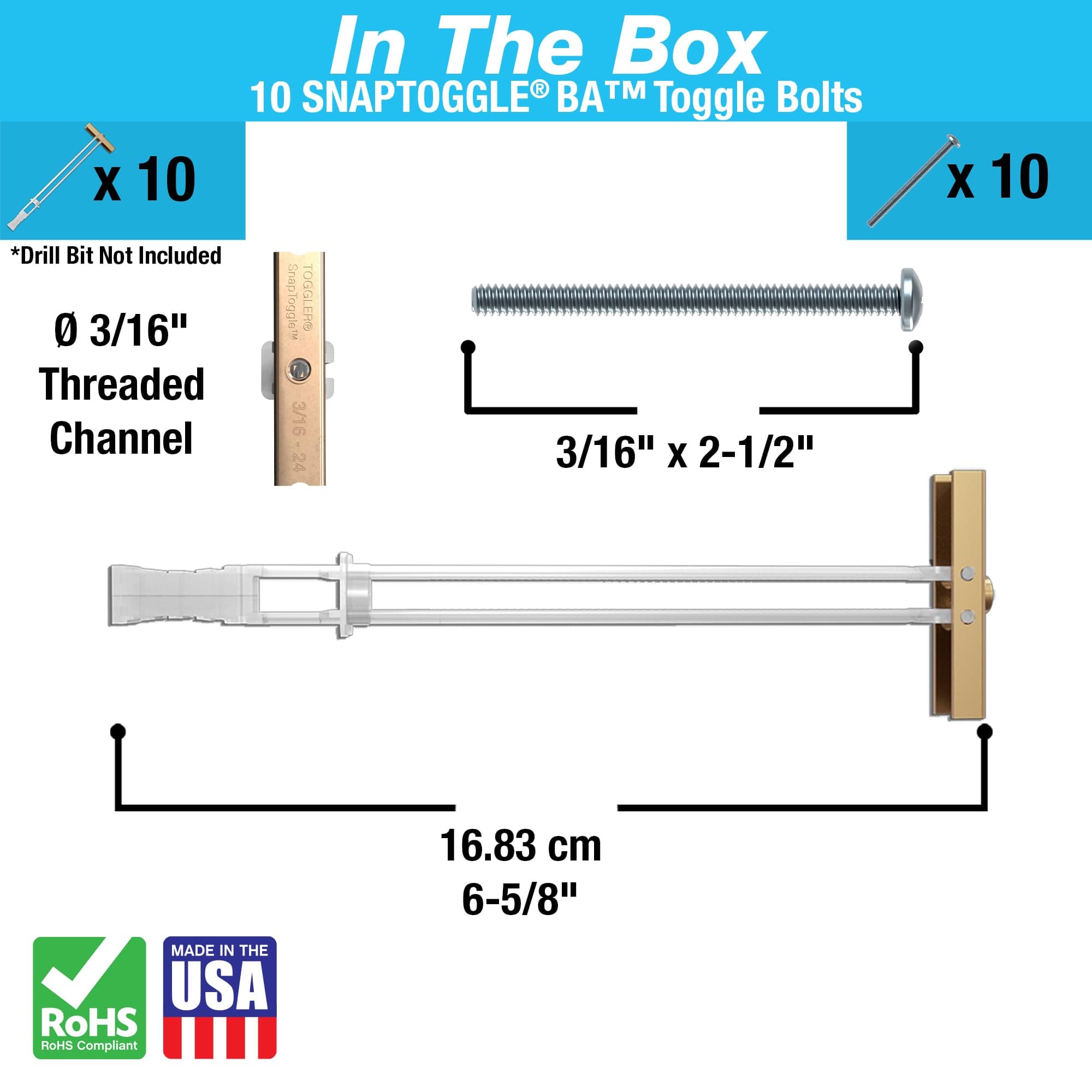 Tools & More Hex Head Toggle Bolt, 10 Pack, Alloy Steel, Zinc Finish, 1/4 in UNC Thread, Grade 2 Hardness