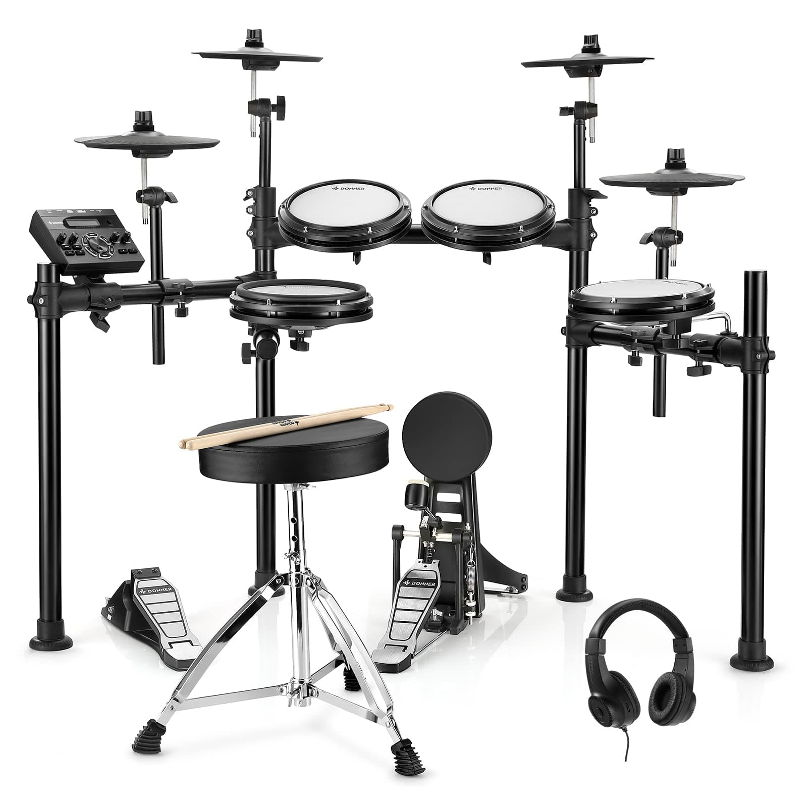 DED200X E Drum Set, E Drums with Quiet Mesh Drum Pads, 2 Cymbals with Choke, 31 Kits and Over 450 Sounds, Throne, Headphones, Sticks, USB MIDI, Melody Lessons (5 Pads, 4 Cymbals)