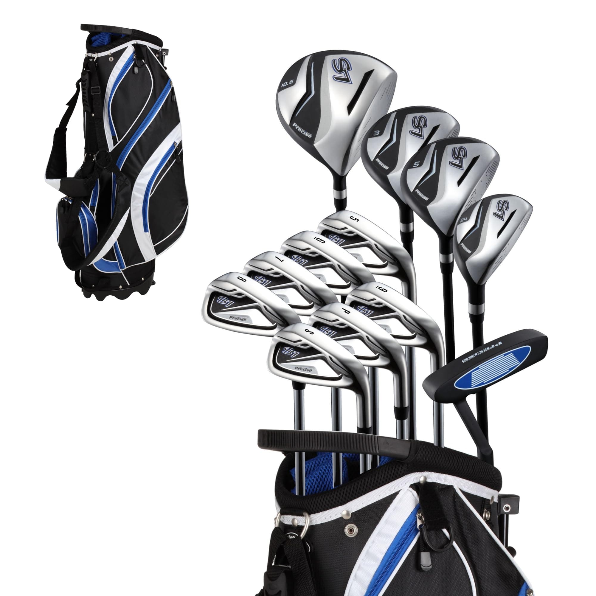 Precise S7 Men’s 18-Piece Golf Set – Titanium Driver, Woods, Hybrid, 5-SW Irons, Putter, Stand Bag, 4 Headcovers and Cover – RH