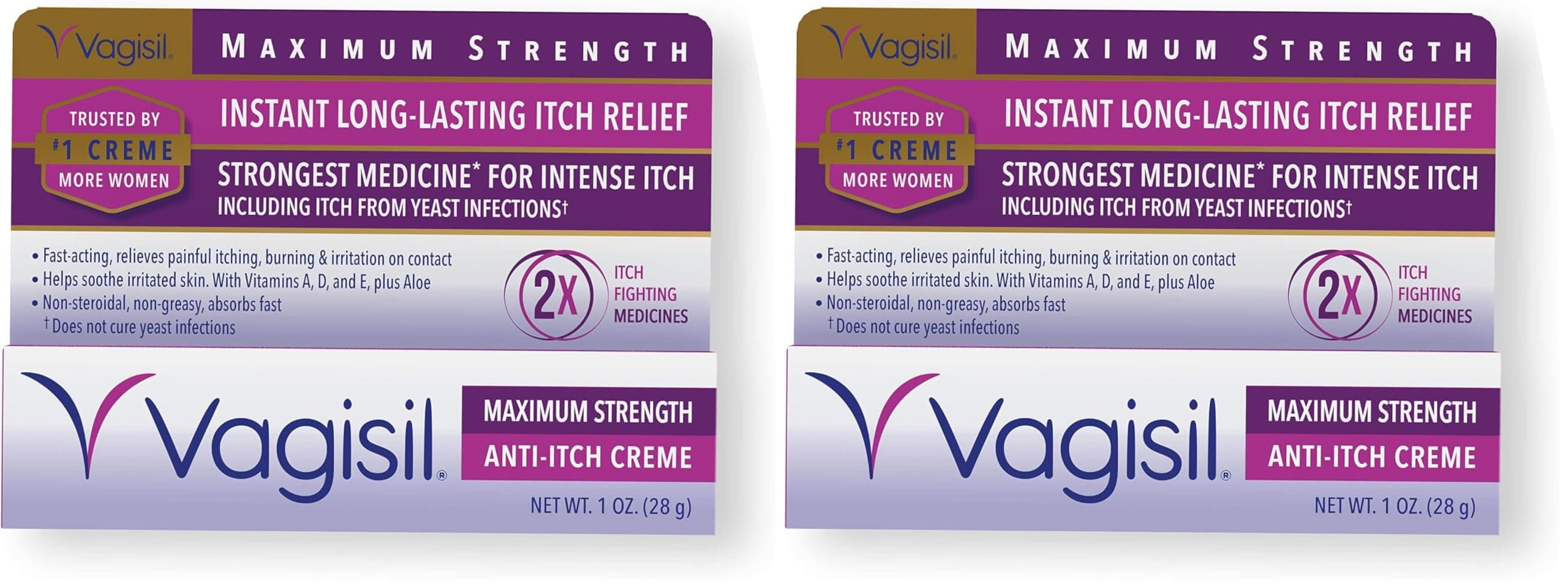 Maximum Strength Feminine Anti-Itch Cream with Benzocaine for Women, Helps Relieve Yeast Infection Irritation, Gynecologist Tested, Fast-Acting, Soothes and Cools Skin, 1 oz (Pack of 2)