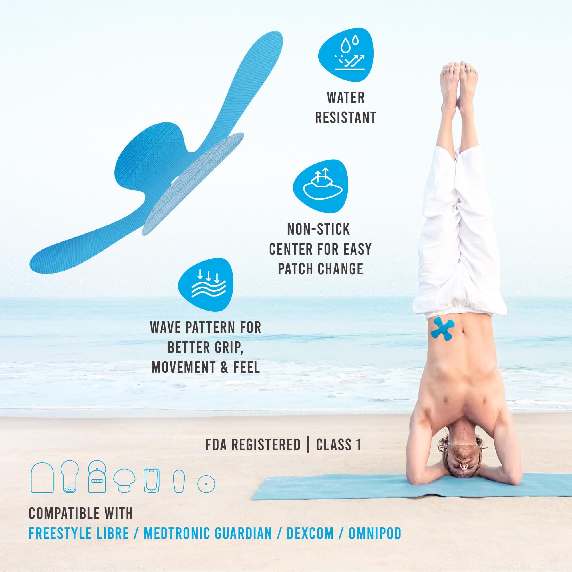 Not Just A Patch X-Patch CGM Sensor Patches (20 Pack) - Water Resistant Omnipod 5 Adhesive Patches - Durable for Active Lifestyle for 10-14 Days - Compatible with Dexcom G6, Libre 2 in Blue