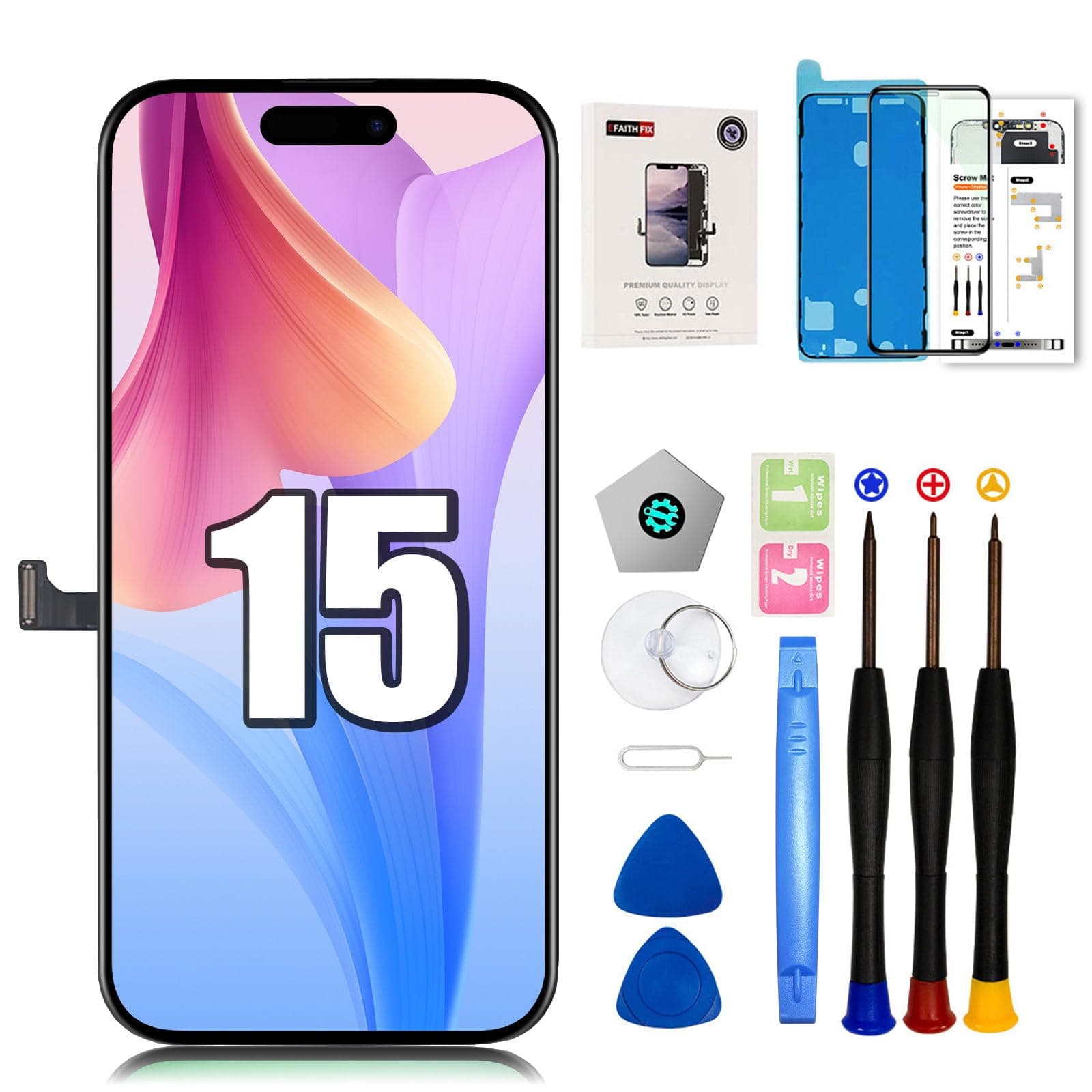 EFAITHFIX for iPhone 15 Screen Replacement 6.1 Inch LCD Screen 3D Touch Display Full HD Digitizer Frame Assembly (A2846, A3089, A3090, A3092) with Repair Tools Kit Screen Protector Waterproof Adhesive