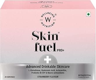 - Wellbeing Nutrition Skin Fuel Pro+ | Glutathione, Vit C & E, Hyaluronic Acid, Astaxanthin, Probiotic Bl-04® |Reduces Pigmentation, Dark Spots & Signs of Aging | Strawberry Flavour | 28 Servings