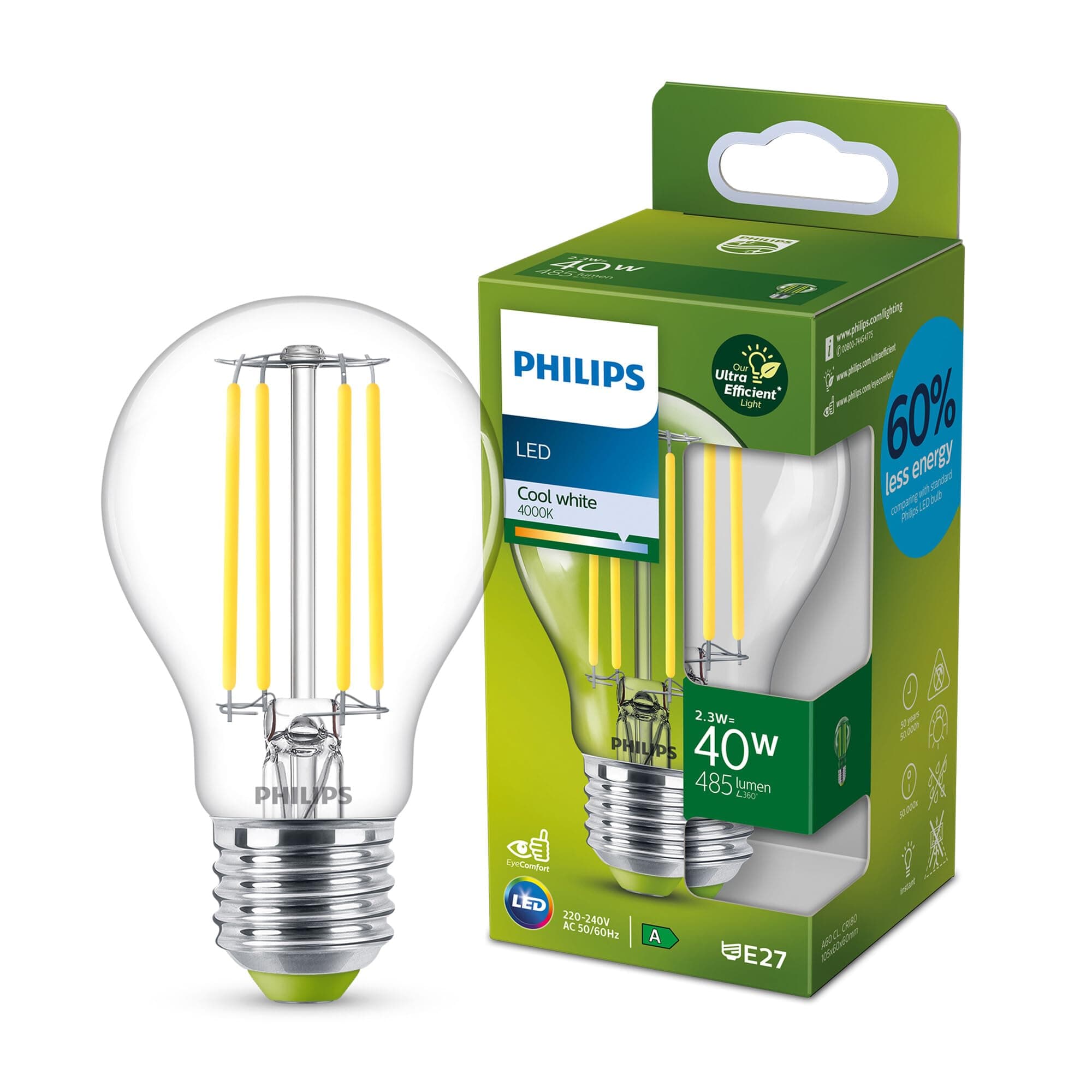 Philips Ultra Efficient - Ultra energy saving lights, E27 LED light source, 40W, A60, cool white, pack of 1, clear