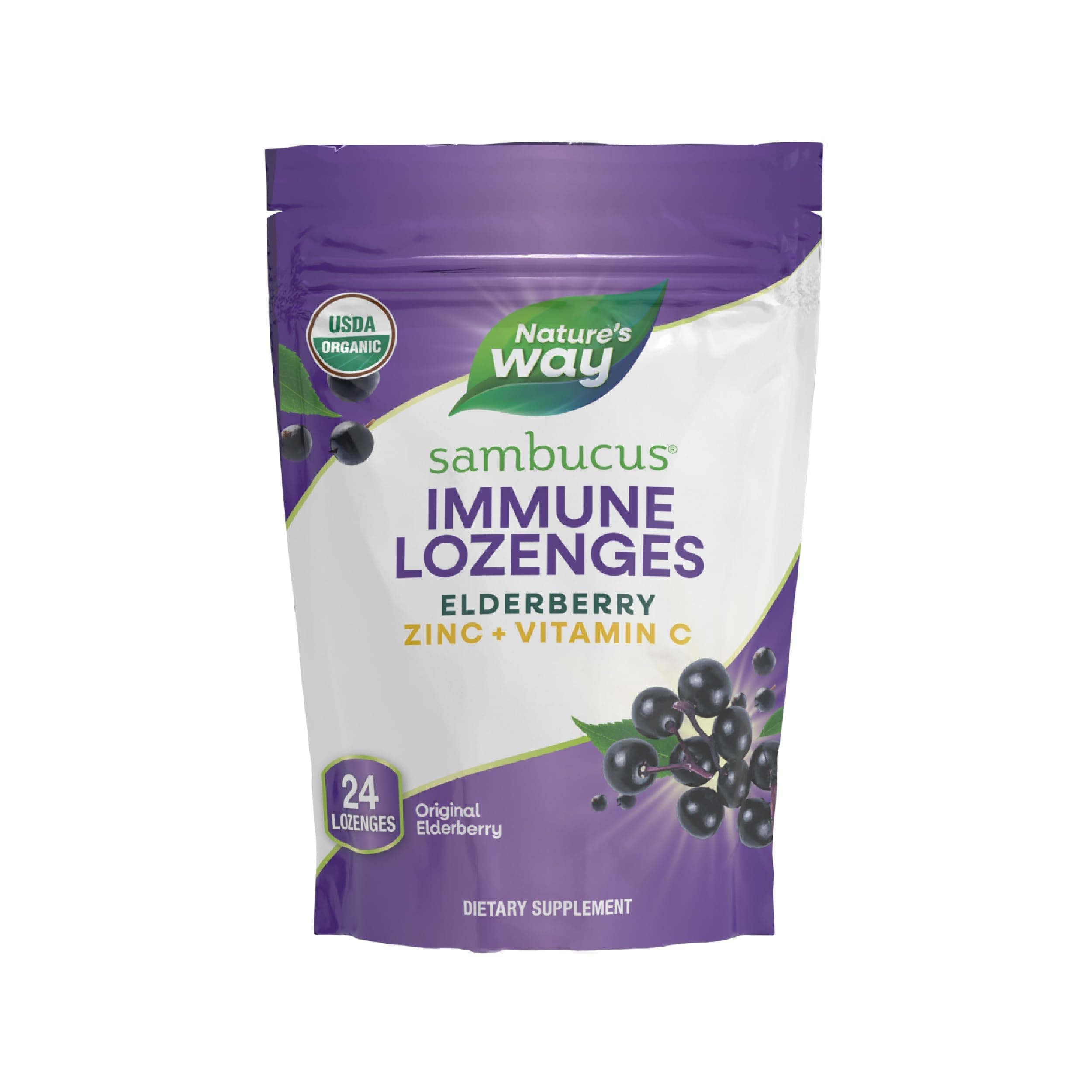 Nature’s Way Sambucus Immune Lozenges – Immune Lozenges for On-the-Go Use*– Zinc, Vitamin C & Black Elderberry Extract – Vegan & Gluten-Free - Original Elderberry Flavor - 24 Count (24 Servings, 1 pk)
