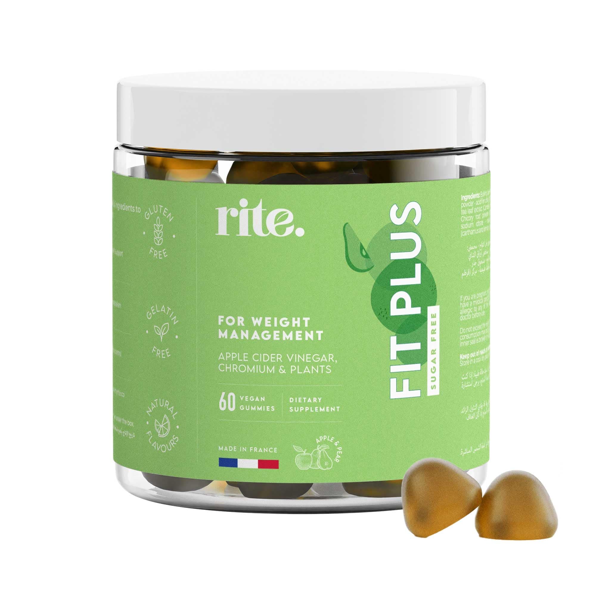 rite. FIT PLUS Sugar-free Vitamin Gummies | Apple cider Vinegar, Chromium, Green tea extract & chicory Prebiotics | For blood sugar, metabolism, weight | Apple & Pear flavour