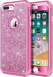 Hython Designed for iPhone 8 Plus, iPhone 7 Plus Case, Heavy Duty Defender Protective Bling Glitter Sparkle Hard Shell Hybrid Shockproof Rubber Bumper Cover for 7 Plus and 8 Plus, Rose Red