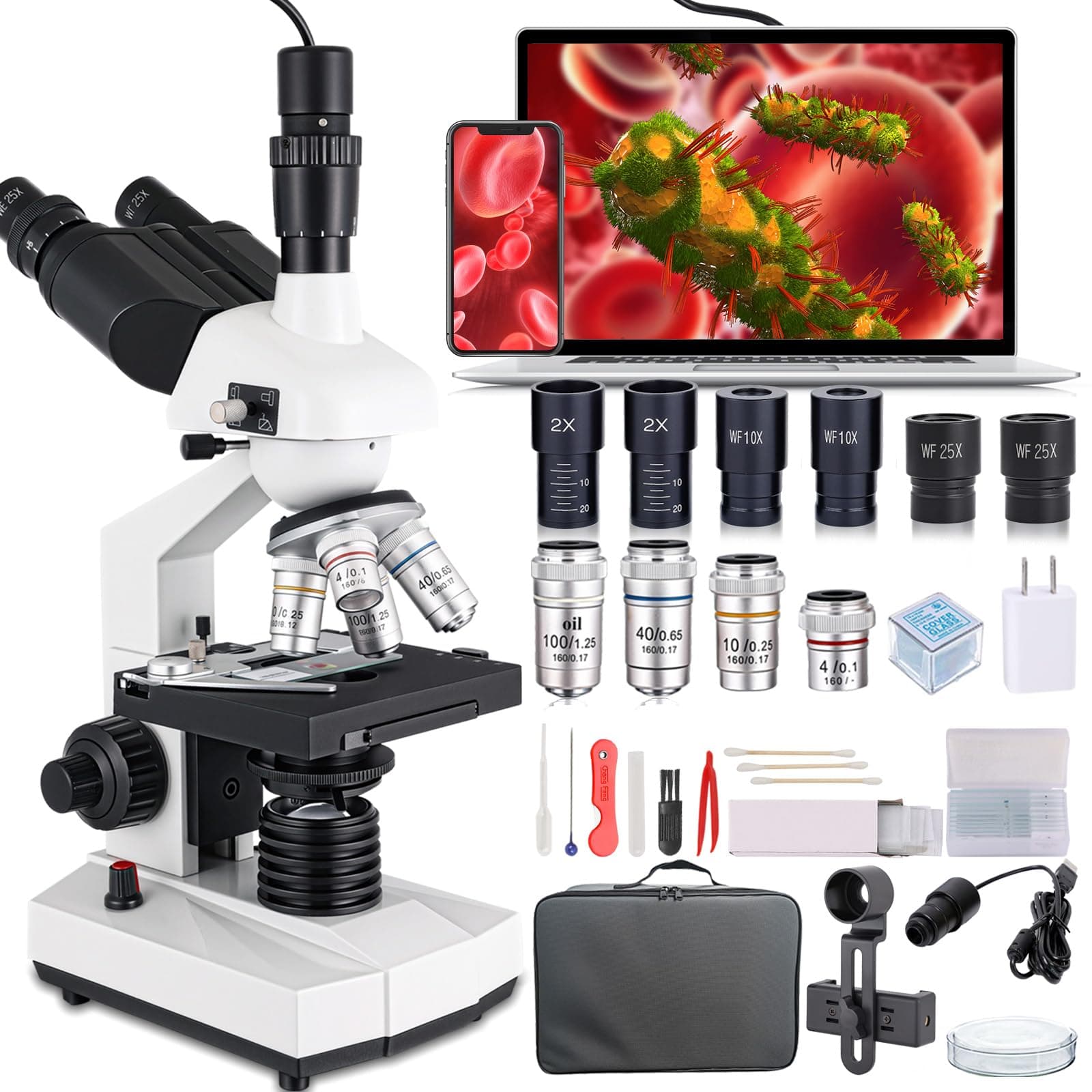 Compound Trinocular Microscope, 40X-5000X Magnification, Research Grade Professional Microscope with USB Camera and Mechanical Stage, Microscope for Adults