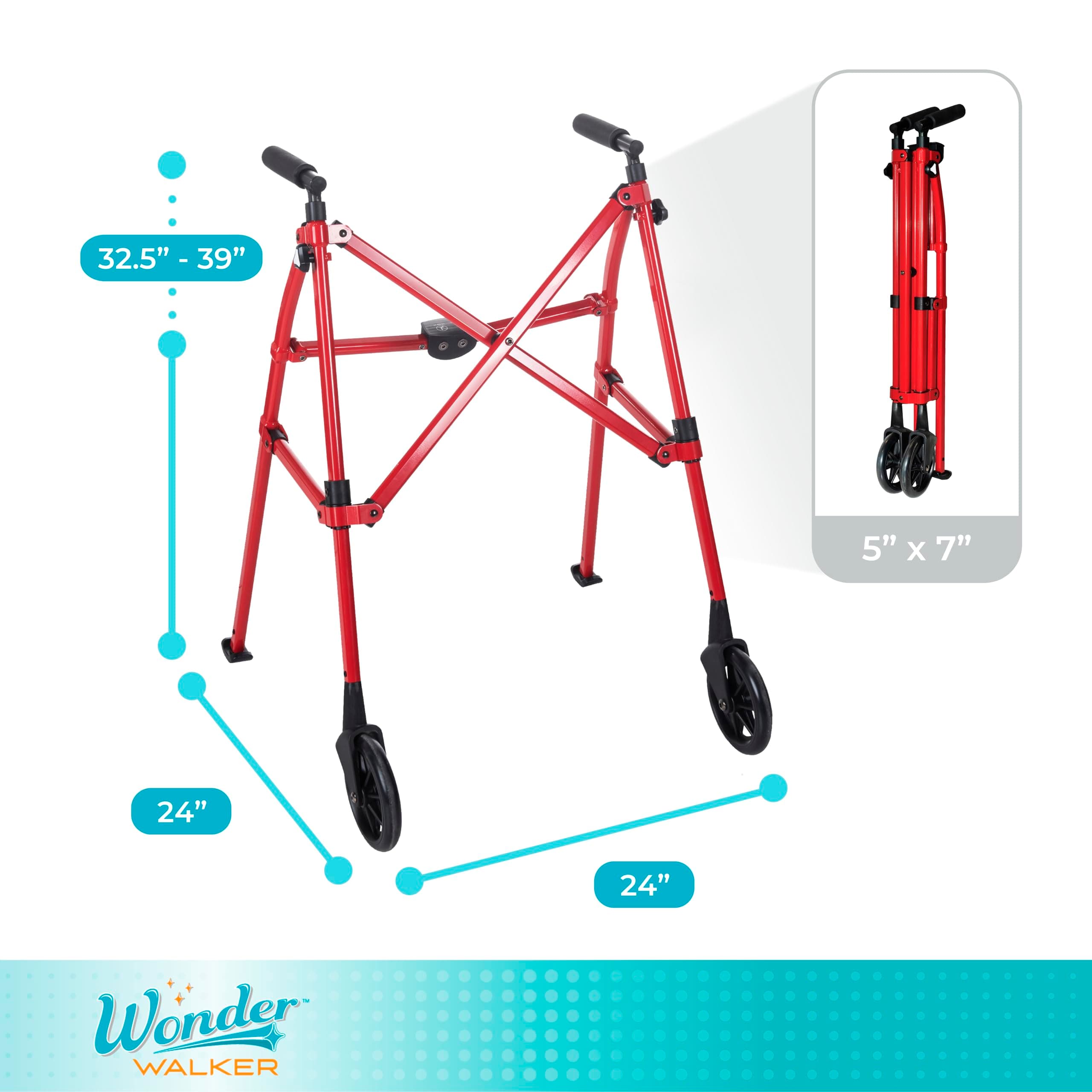 Able Life Space Saver Walker - Lightweight, Foldable Rolling Mobility Support for Adults, Seniors, and Elderly - Compact Travel Walker With 6-inch Wheels and Ski Glides, Sport Red