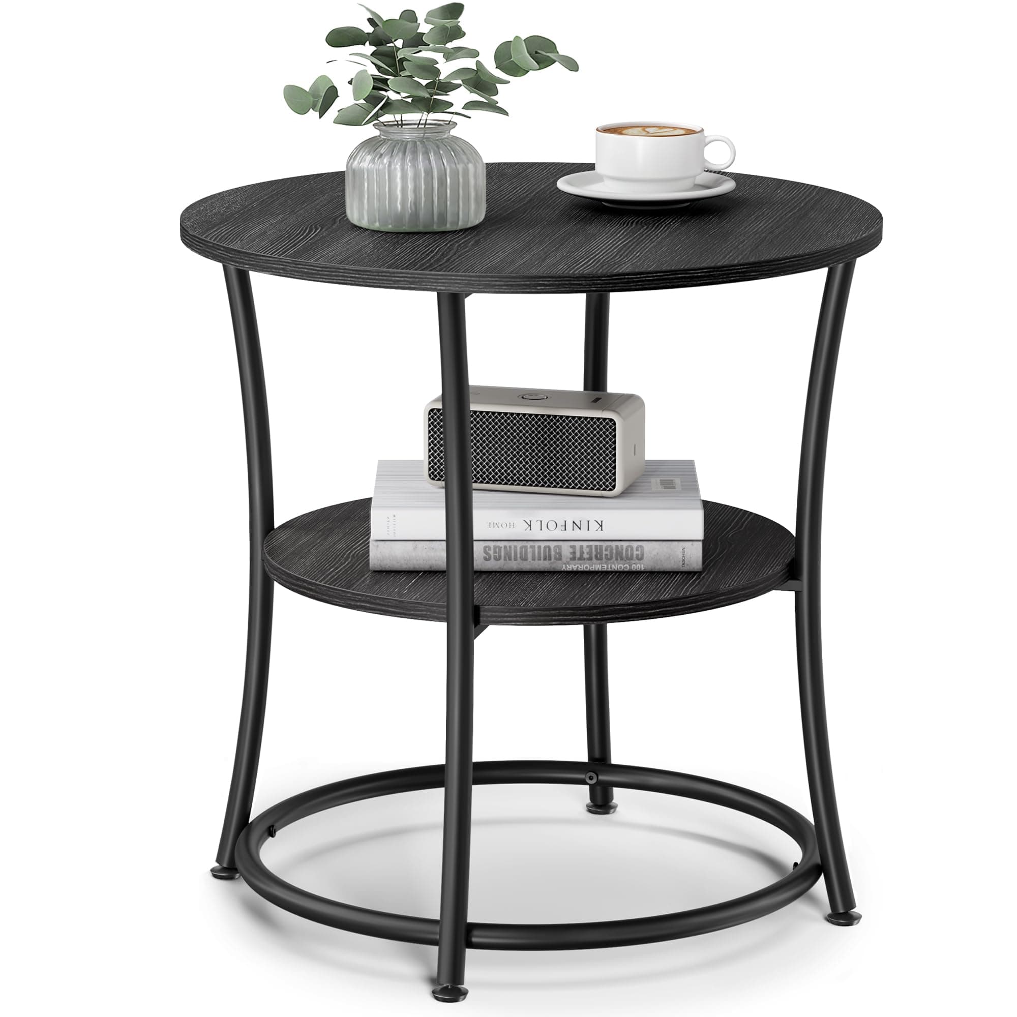 21.7-Inch Round Side Table, 2-Tier End Table, Nightstand with Steel Frame, Spacious Top, for Small Spaces, Living Room, Bedroom, Charcoal Gray and Ink Black ULET056B22