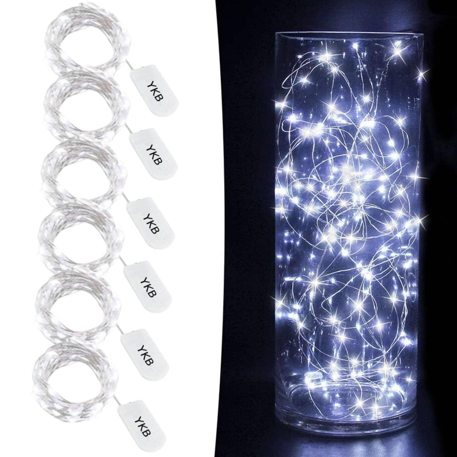 YKB 6 PCS LED Starry String Lights with 20 Mini LEDs on 3.3FT/1M Copper Wire, Fairy Lights Powered by 2xCR2032(Incl) Batteries, for Wedding Table Holiday Halloween Christmas Decorations, Cool White