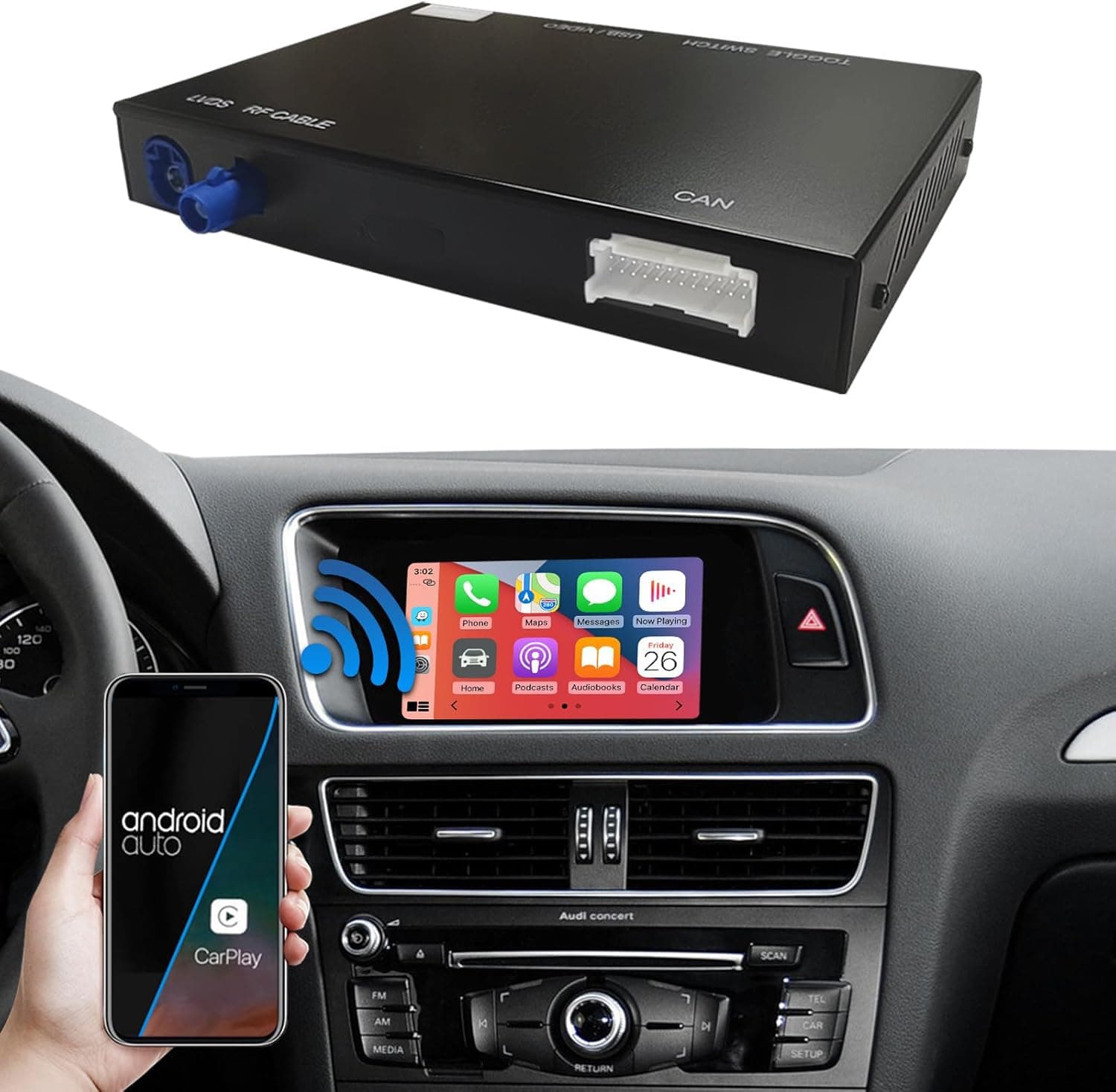 Road Top Wireless Carplay Android Auto Module Receiver Box for Audi S4 S5 A4 A5 (2009-2015 Year) for Q5 (2009-2017 Year) with 2GMMI, Carplay Retrofit Kit Decoder, Support Mirrorlink, Camera