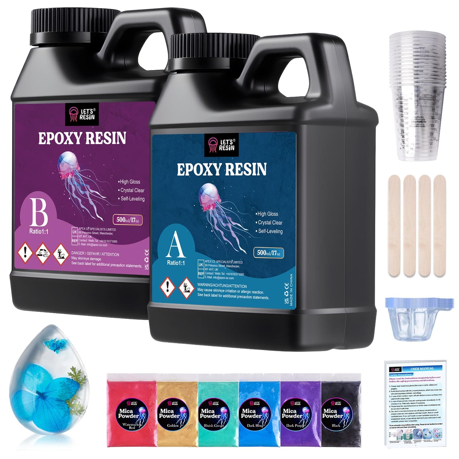 Casting Epoxy Resin Kit, 1L Crystal Clear & Bubble Free Epoxy Resin and Hardener, High Gloss Resin Kit for DIY Art, Mould Casting, Wood, Jewellery Making, Coasters, Table Top