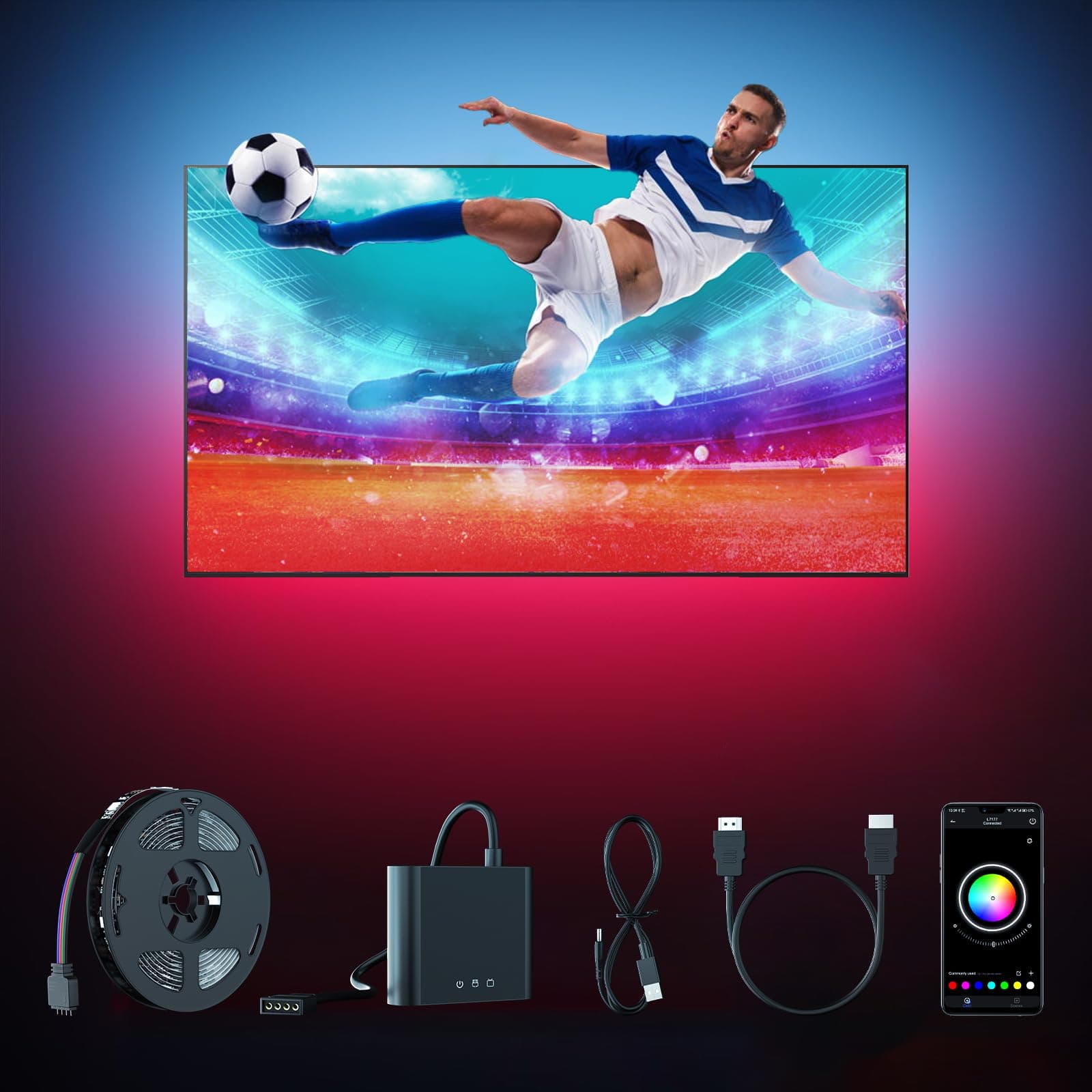 BDFFLY Smart TV LED Backlight Kit HDMI with Sync Box, 16.4ft TV LED Lights for 45-75 Inch,1080P@60Hz HD RGB led Strip Lights, APP&Remote Control, Sync Color Changing Led Lights That Sync with Tv, PC