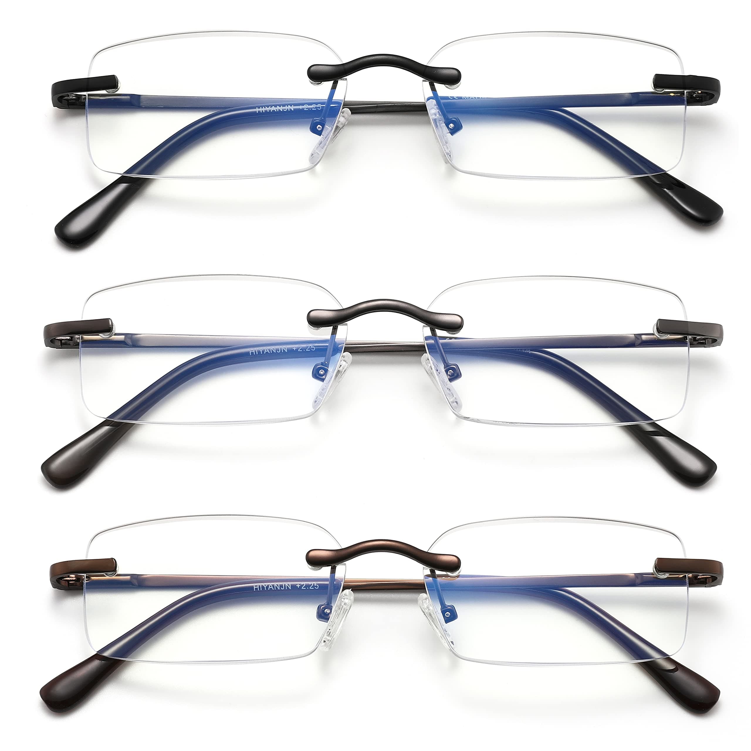 HIYANJN Frameless Reading Glasses Blue Light Blocking Rimless Computer Reader For men Lightweight Eyeglasses(3-pack