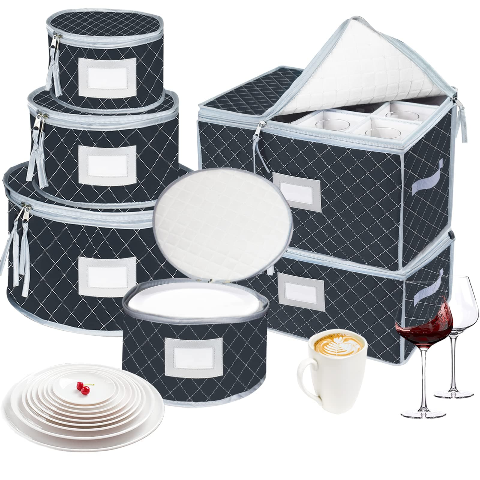 VERONLY China Dinnerware Storage Containers Set- Dish,Mug,Stemware Storage Cases - Quilted Box Bins Stackable with Divider,handles,Clear Window for Cups,Plates,Wine Glasses Moving Set of 6 (Grey