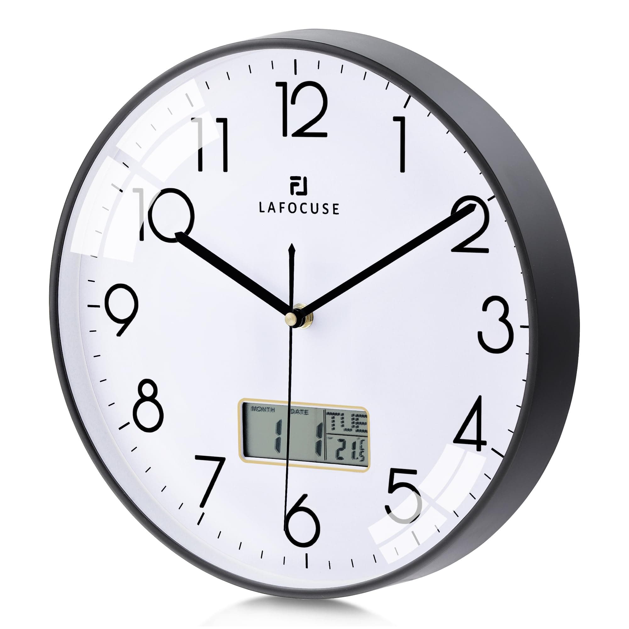 Lafocuse 12 Inch Silent Black Wall Clock with Date and Day, Temperature, Day of Week, Kitchen Wall Clocks for Living Room Modern, LCD Digital Wall Clock Battery Operated Office Bedroom