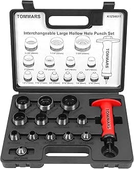 TOMMARS Hollow Punch Kit with Pin Point Punch Shaft Hole Punch Set Gasket Punch Set Gasket Cutter 14 PCS 5mm-35mm 3/16" to 1-3/8"
