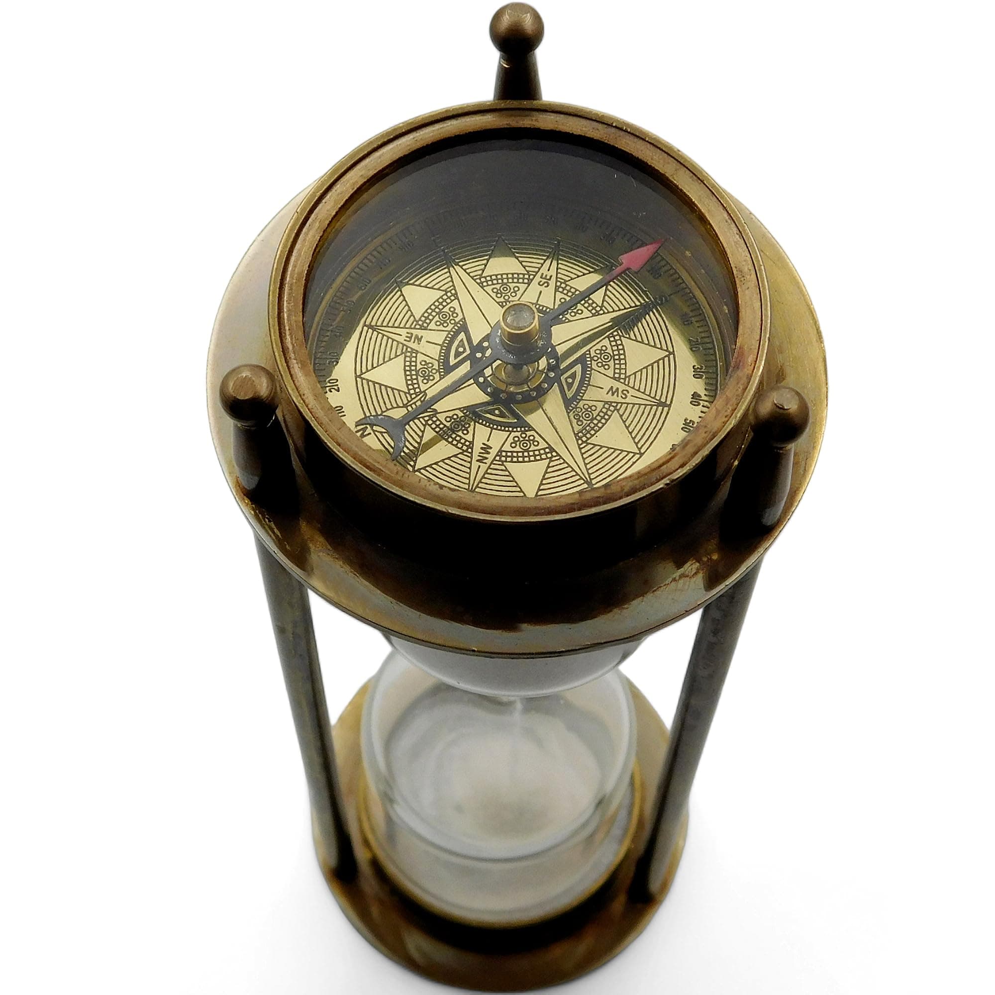 Hand made solid brass hour glass 5 min sand timer with fully functional compasses