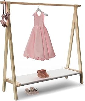Dress up Rack, Child Garment Rack, Kids Clothing Rack with Storage Shelf(Natural Pine, 47.5" L x 14.5" W x 43.7" H)