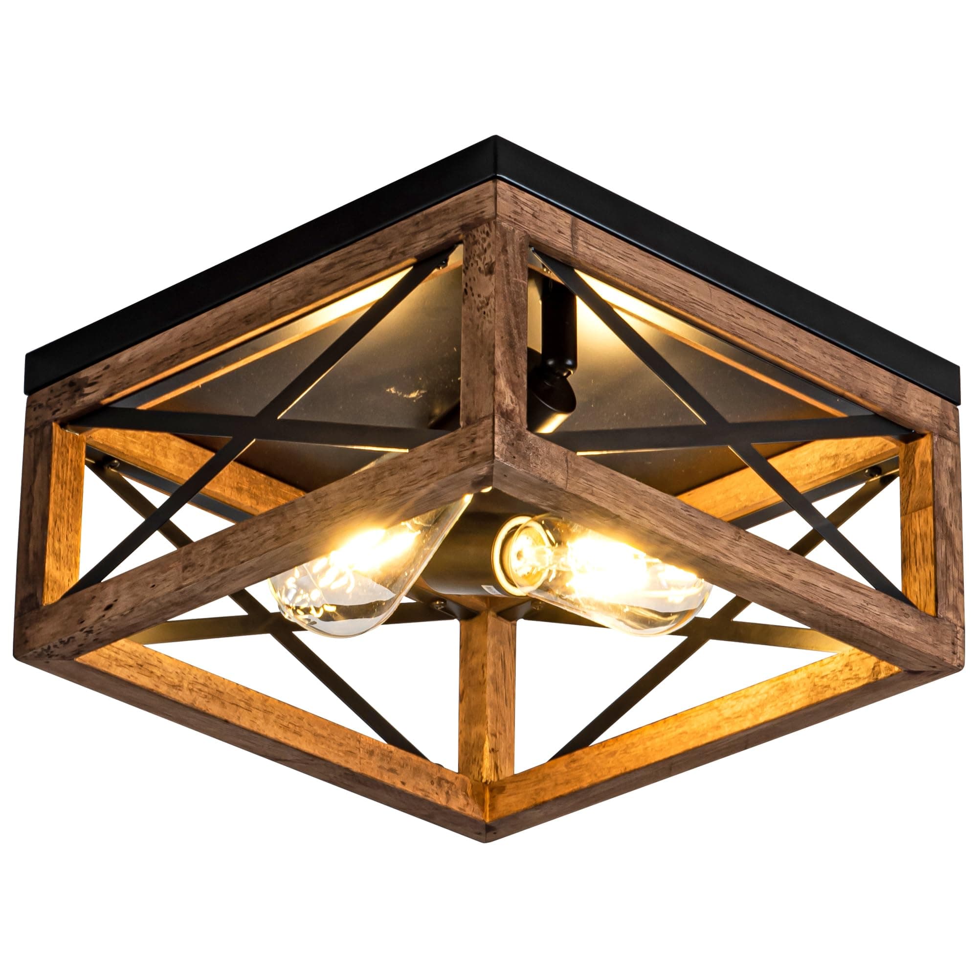Flush Mount Ceiling Light Fixture for Kitchen Hallway, 2-Light Close to Ceiling Light with Black Metal and Wood Design, Rustic Farmhouse Ceiling (Bulb not Included)