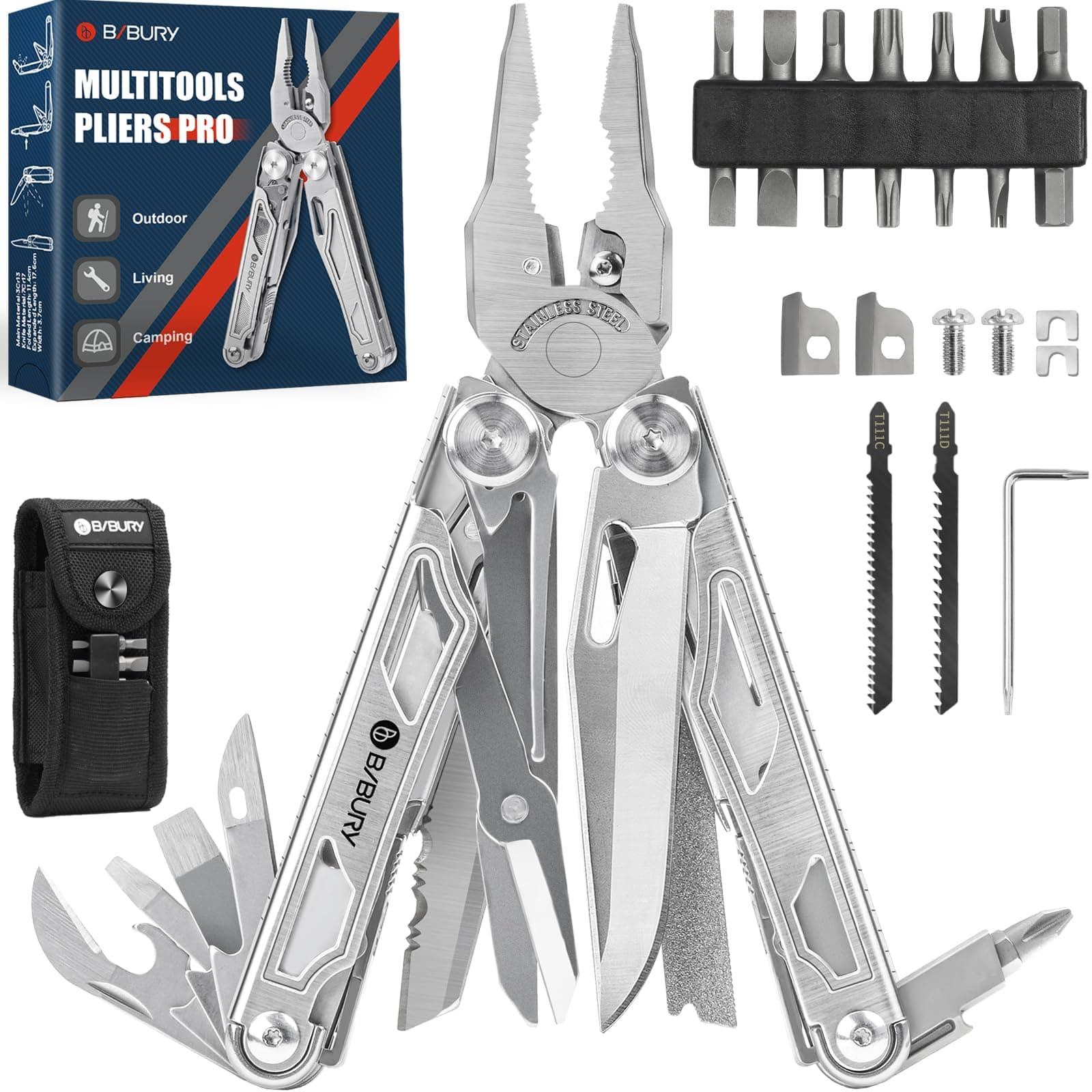 Multitool Pliers Pro BI2045, Stainless Steel Multi Tool Pliers with Replaceable Wire Cutters and Saw, Foldable Multitools with Scissors and Screwdriver, Ideal for Camping,Survival, Repair