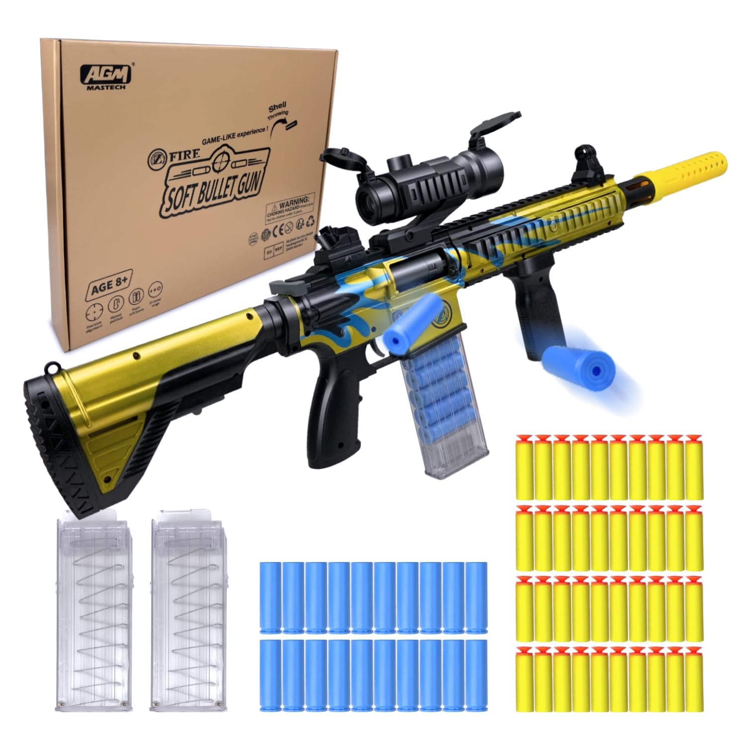 AGM MASTECH Shell Ejecting Blaster Toy with 40 Official Darts,2 Clip Magazine,4 Assembly Methods,Gun Toys for 8 ages up Boys,Kids,Teens and Adults, Outdoor,birthday gift (Gold)