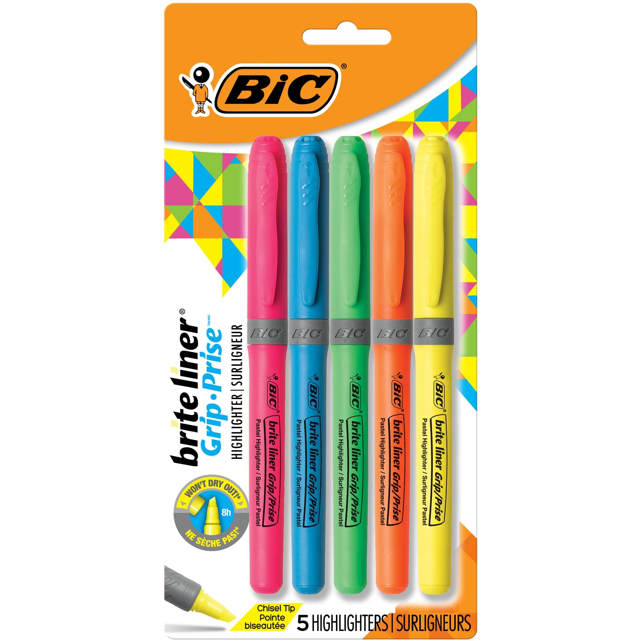 Brite Liner Grip Highlighter, Chisel Tip, Assorted, 5 Highlighters