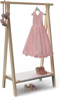 Dress up Rack, Child Garment Rack, Kids Clothing Rack with Storage Shelf (Natural Pine, 29.5" L x 14.5" W x 43.7" H)