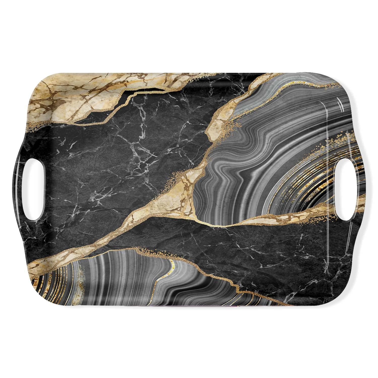 Serving Tray Decorative Tray with Handles Multi-Purpose Rectangular Serving Trays for Restaurant, Parties, Coffee Table, Kitchen - Black and Gold Marble Pattern