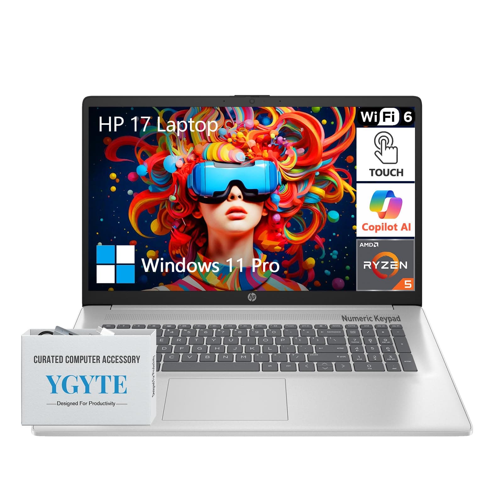 17.3" Touchscreen Laptop PC Computer, 17 Inch HD+ Touch Screen Business Laptop Notebook, Windows 11 Pro, AMD Ryzen 5 (6-Cores), 64GB RAM 2TB SSD, 10-Key Number Pad, Copilot Key