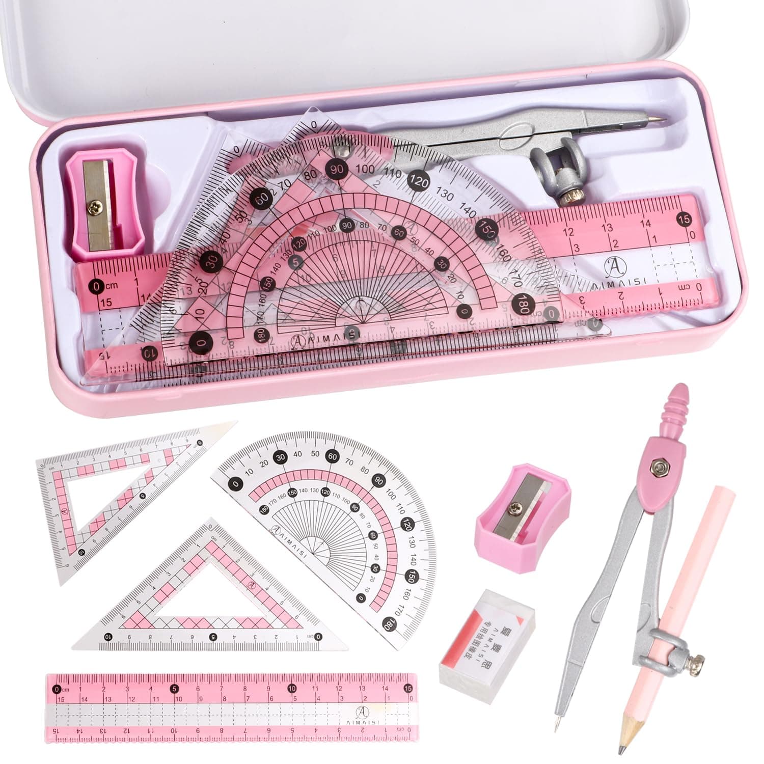 Compass Geometry Tool Protractor and Compass Set with Metal Box Drawing Compass with Rulers Math Compass Kit for Class Supplies and School 8 Piece