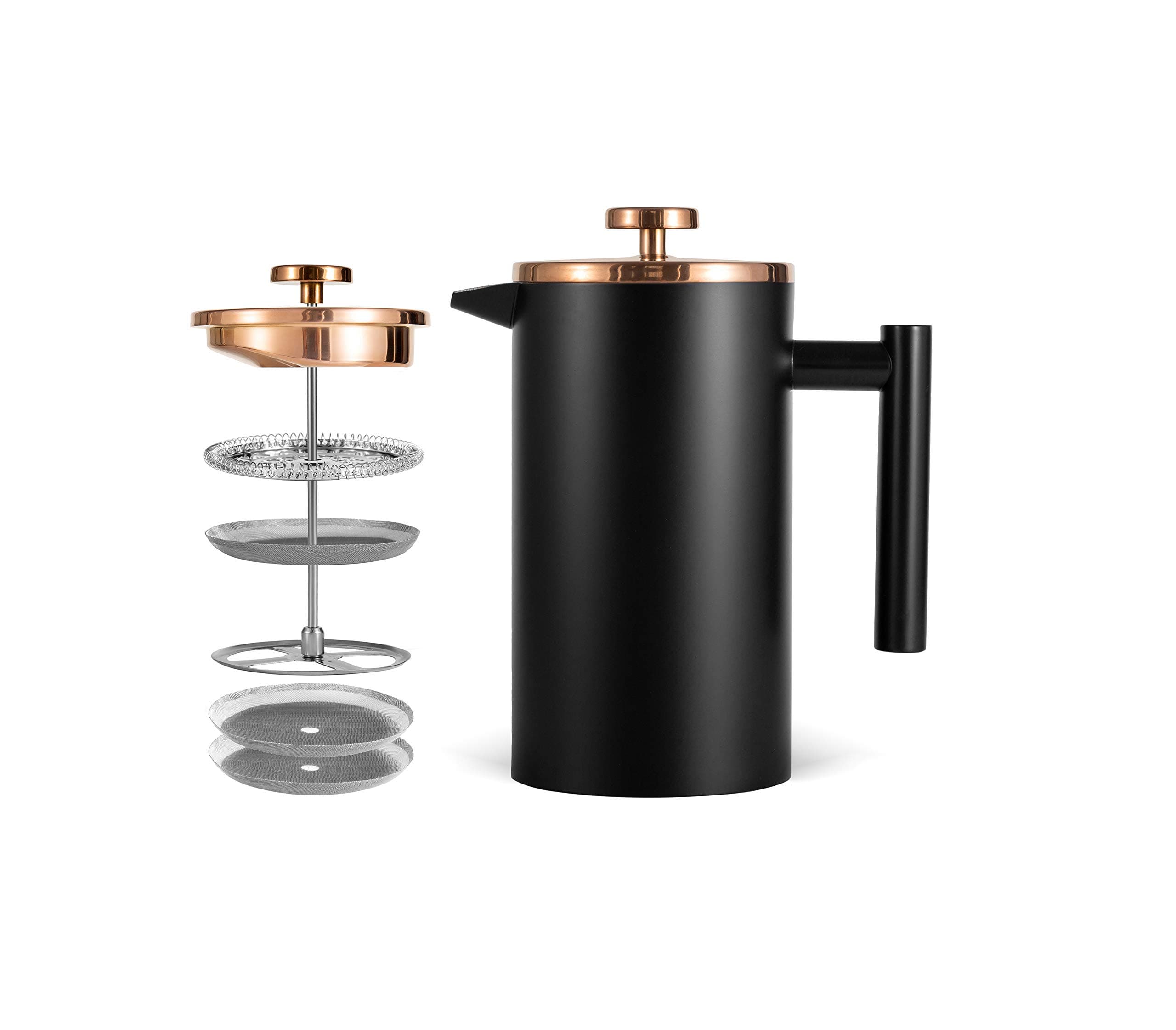 Small Cafetiere 1 Cup Stainless Steel French Press Coffee Maker Double Wall Insulated Coffee Press 350ml/12oz with 2 Filter Mesh Black Cafetiere Coffee Pot Rose Gold Lid