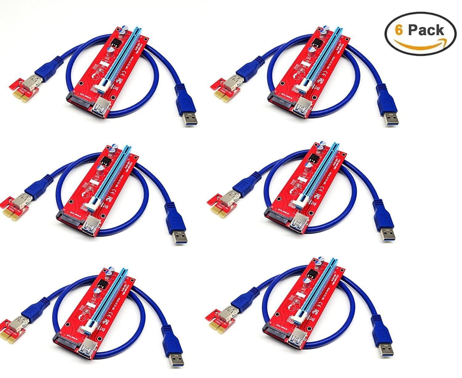 RISER CARD - VER 007S Extender Cable USB 3.0 Converter SATA PCI Express PCI-E 1X to 16X Riser Card with 15pin SATA Power Slot Connector Supply Cable 60CM For Mining (6 Pack) By ADD&SHIP