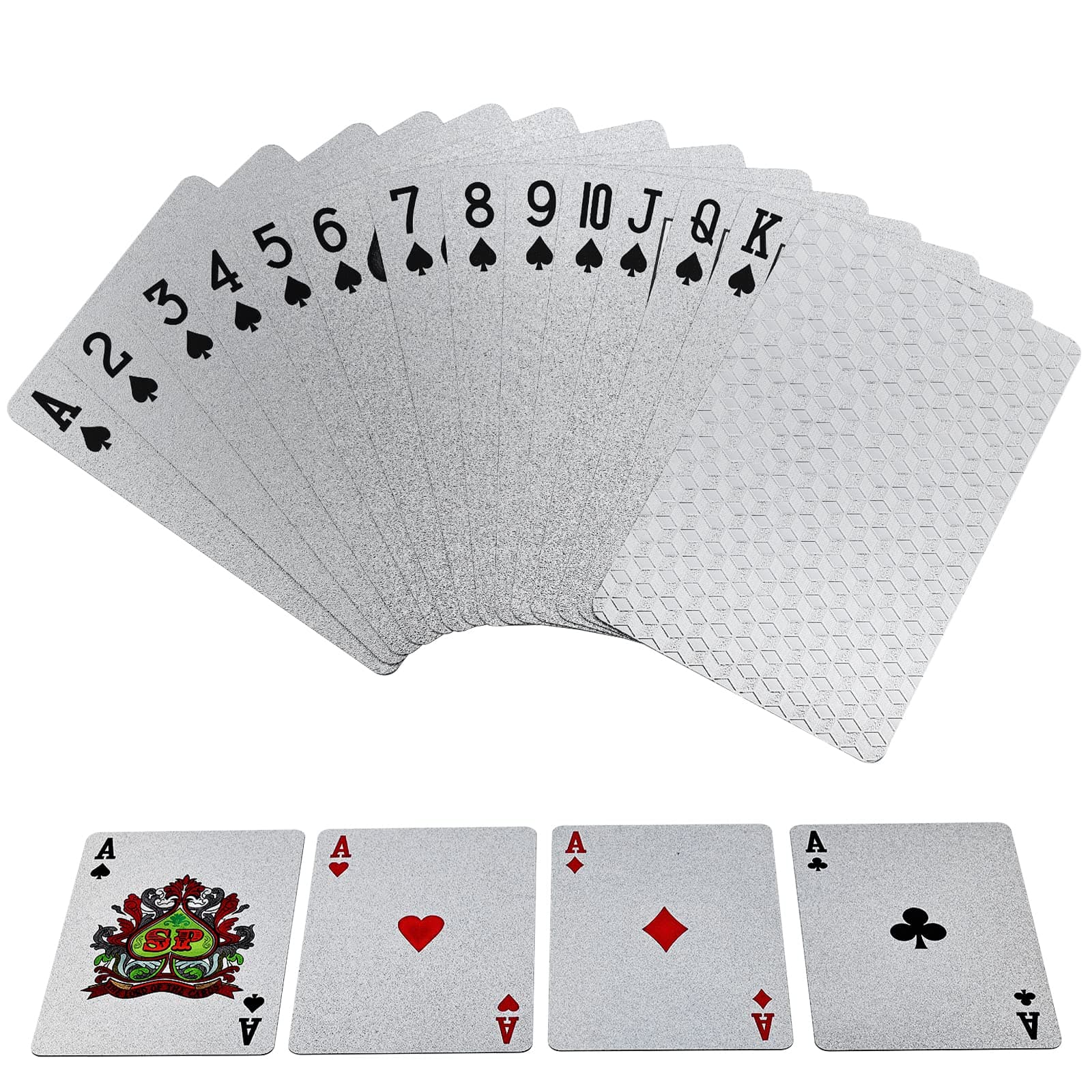 Joyoldelf Playing Cards, Silver Foil Playing Cards with Cube Pattern on Back of Cards, Waterproof Playing Cards/Poker Cards with Box Great for Party, Game, Cardistry, Magic Trick