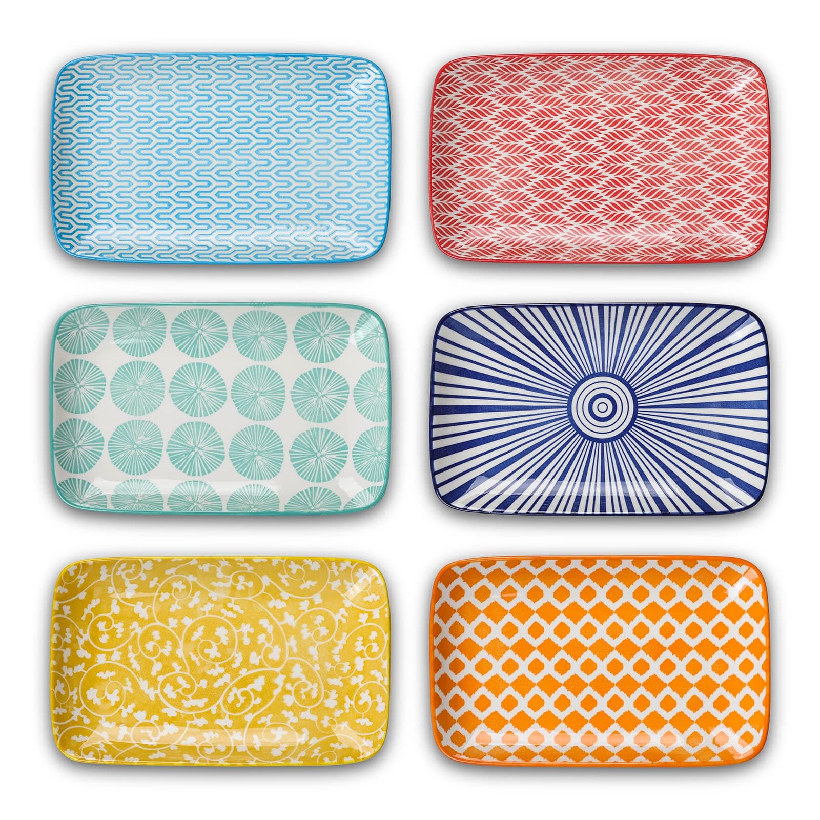 Ceramic 9.5 Inch Large Rectangular Salad Plates, Dinner Plates, Pasta Dessert Plates Serving Platters and Trays for Appetizer, Sushi, Fruit, Set of 6, Assorted Colors