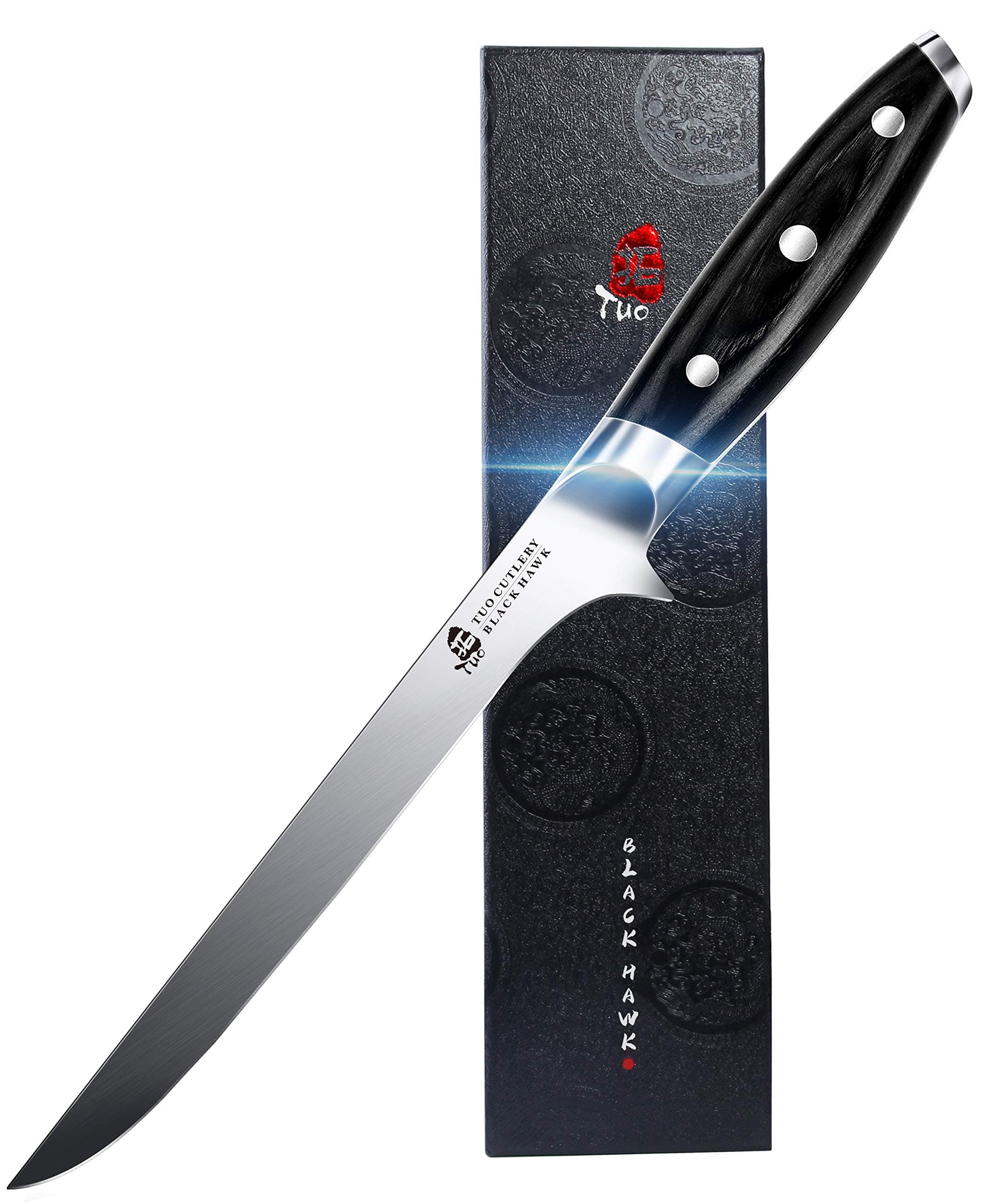 Boning Knife - 7 inch Fillet Knife Flexible Kitchen Knives - German HC Steel Blade for Poultry and Fillet Fish - Full Tang Pakkawood Handle - BLACK HAWK SERIES with Gift Box