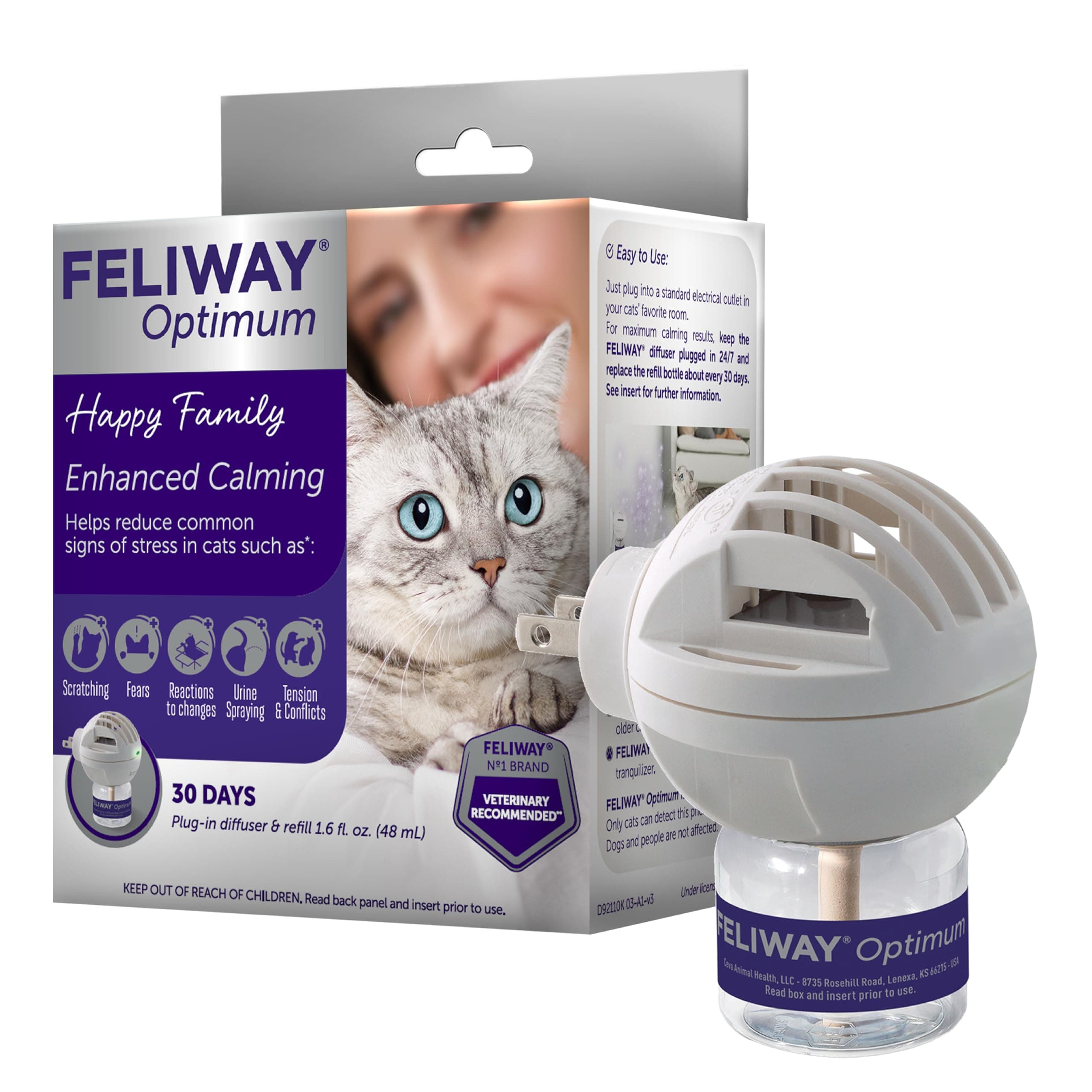 FELIWAY® Optimum 30 Day Cat Calming Plug In Pheromone Diffuser Starter Kit, 48ml - Helps Reduce Common Signs of Stress in Cats & Kittens, Enhanced Calming