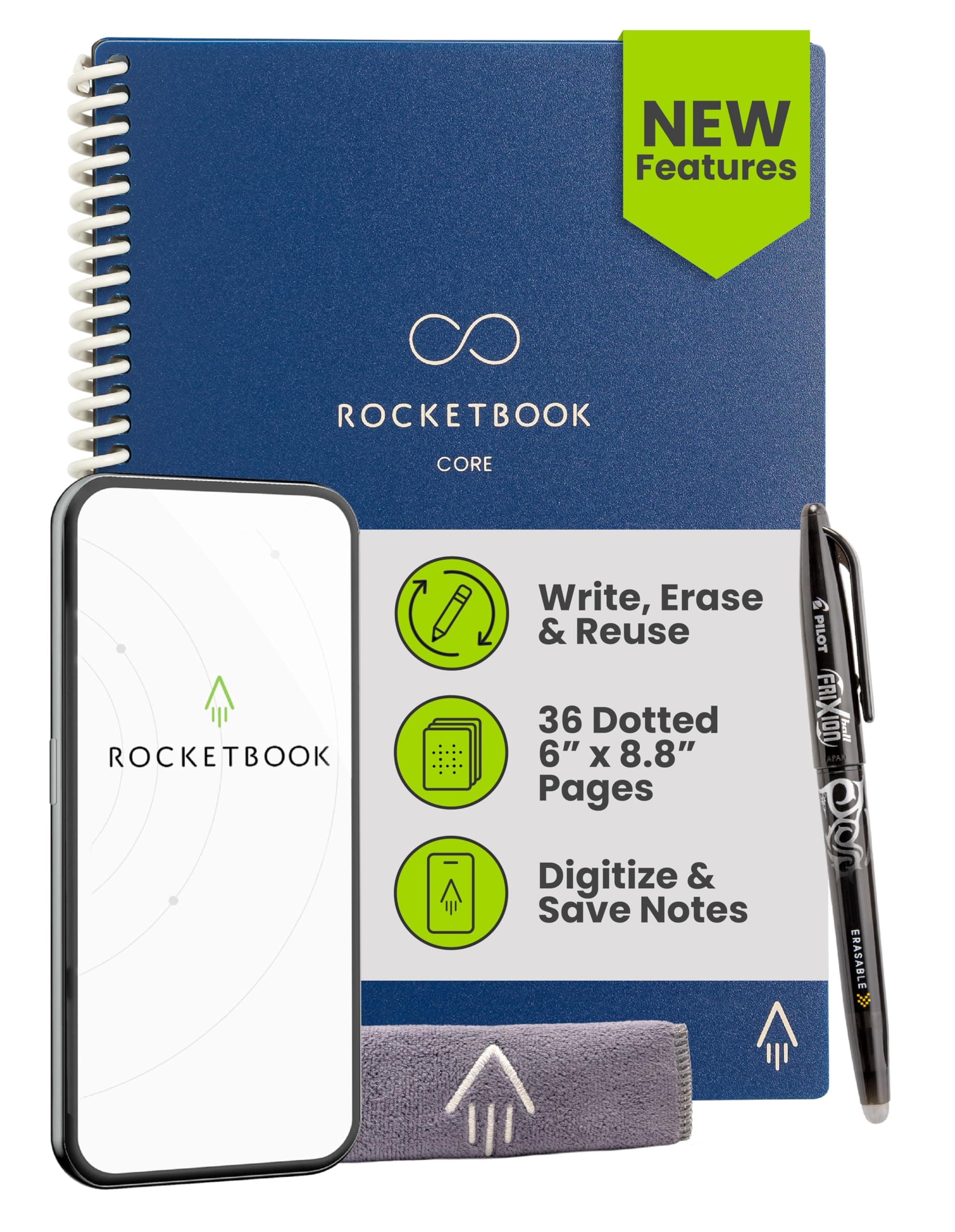 Rocketbook Core Reusable Smart Notebook, Dot Grid Pages For School, Work and Creative Projects, Executive Size 6x8.8, Blue - Premium