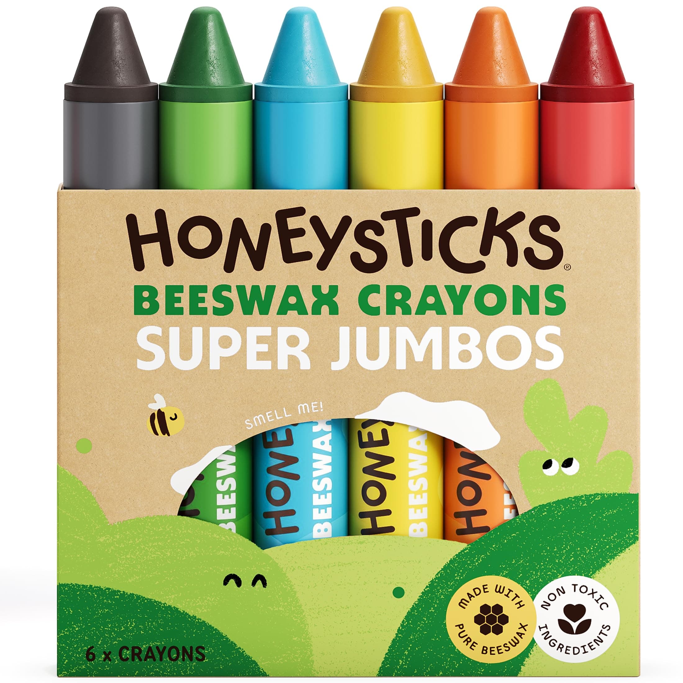 Honeysticks Super Jumbo Crayons (6 Pack) - 100% Pure Beeswax Crayons with Food Grade Colours, Non Toxic Crayons for Toddlers 1-3 Unbreakable, Extra Large, Easy to Hold and Use, Eco-Friendly