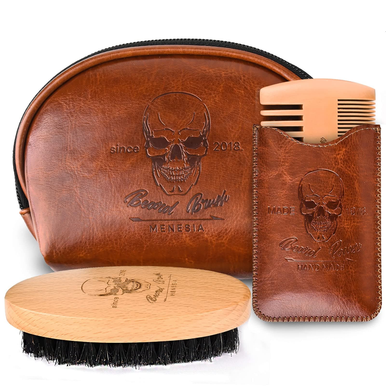 Beard Brush and Comb Set, Boar Bristle Hair Beard Brush Kit with Small Leather Travel Toiletry Bag Case for Men, Include Men's Wooden Mustache Comb