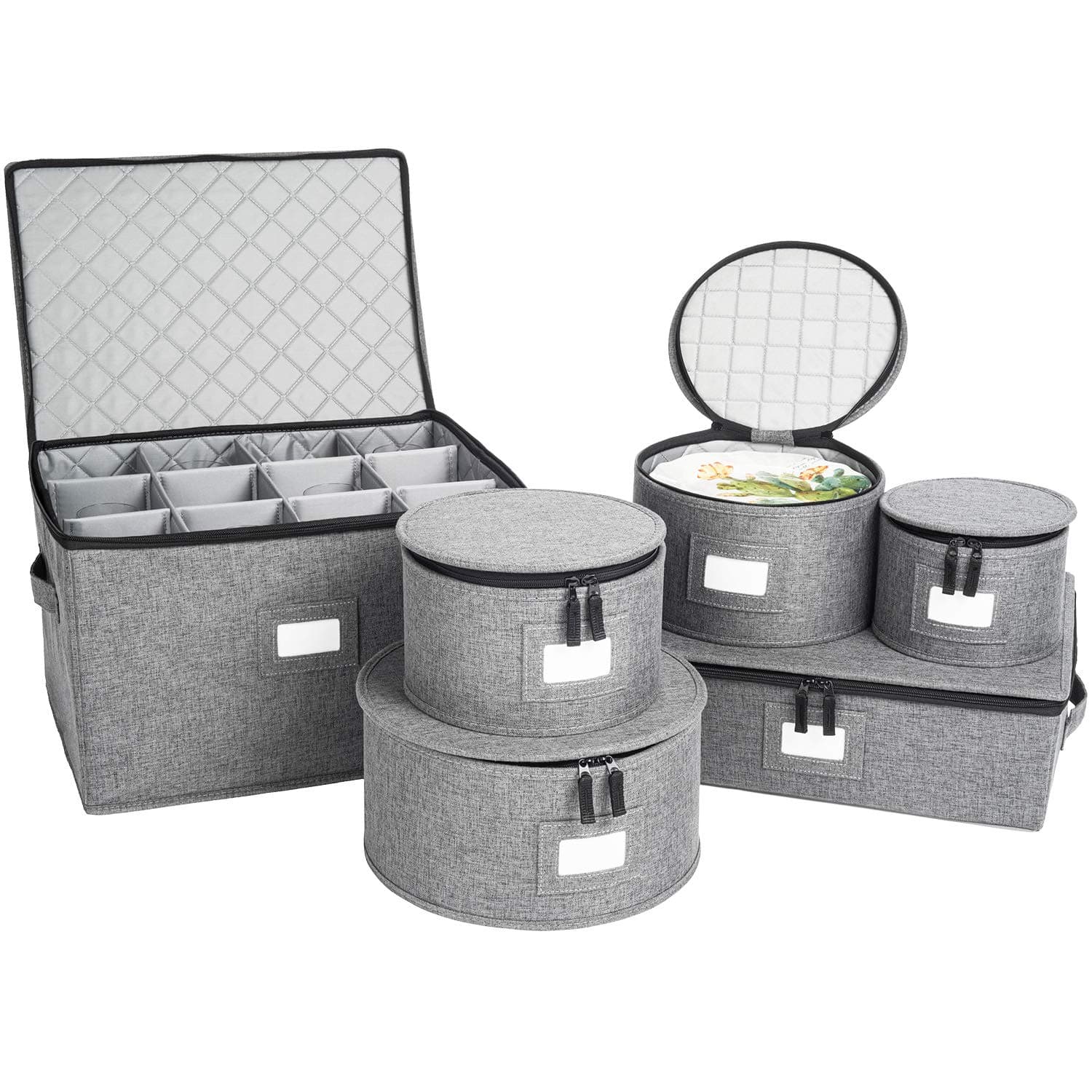 China Storage Set, Hard Shell and Stackable, for Dinnerware Storage and Transport, Protects Dishes Cups and Wine Glasses, Felt Plate Dividers Included (Grey - Stemware Storage Included)